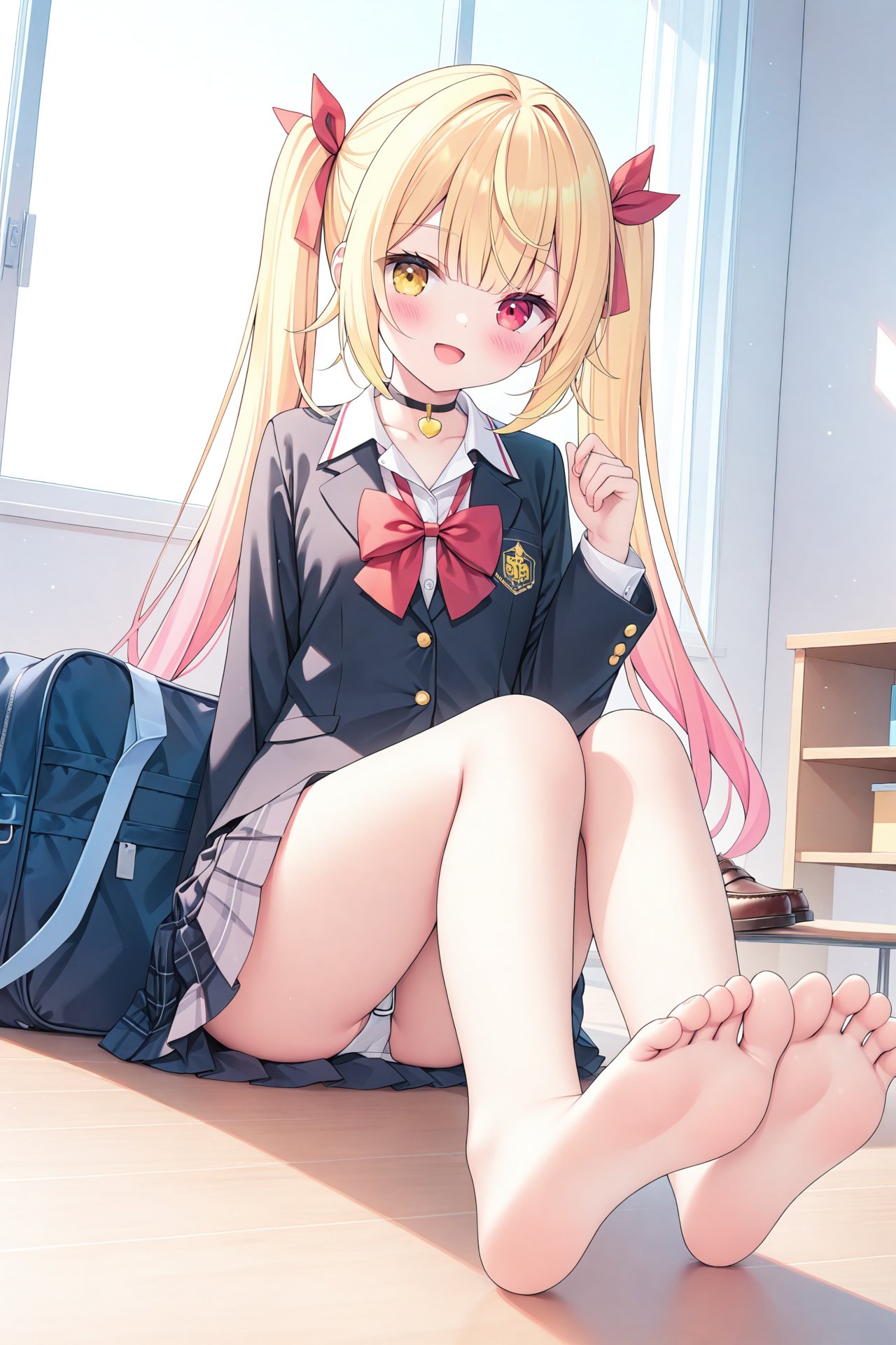 masterpiece,best quality,illustration,ultra detailed,hdr,Depth of field,(colorful),[Artist chen bin],1girl,hoshikawa sara,virtual youtuber,blonde hair,barefoot,toes,solo,feet,shoes,jacket,soles,sitting,school uniform,unworn shoes,skirt,twintails,heterochromia,foot focus,looking at viewer,bowtie,bow,choker,yellow eyes,ribbon,shirt,multicolored hair,smile,red bow,open mouth,hair ribbon,black choker,indoors,red bowtie,gradient hair,bare legs,legs,red eyes,long hair,collared shirt,pink hair,pink sweater,bag,long sleeves,black jacket,blazer,white shirt,hand up,red ribbon,pink cardigan,foreshortening,pleated skirt,blush,desk,school bag,