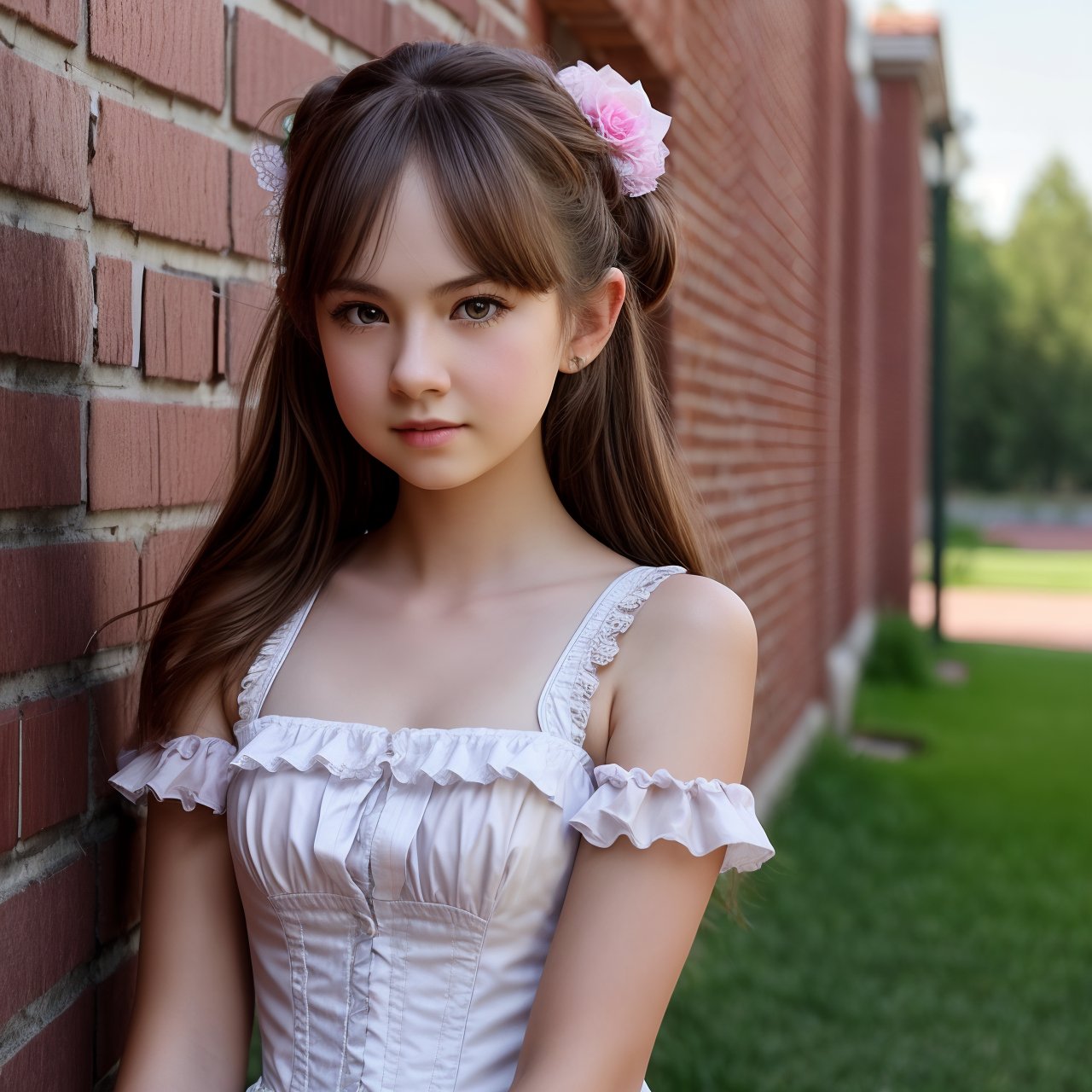 SFW, extra resolution, view from above of calm (AIDA_LoRA_BelK:1.07) <lora:AIDA_LoRA_BelK:0.74> standing next to the brick wall, leaning on wall, outdoors, pretty face, corset, naughty, funny, happy, playful, intimate, flirting, cinematic, dramatic, kkw-ph1