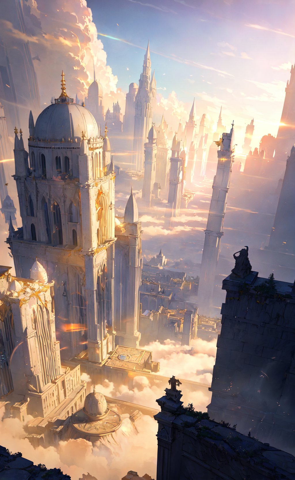 masterpiece, best quality, realistic, detailed background, the forgotten city made of white marble, grand, epic, fantasy, mystical, sunbeam, soft lighting, volumetric lighting, dramatic