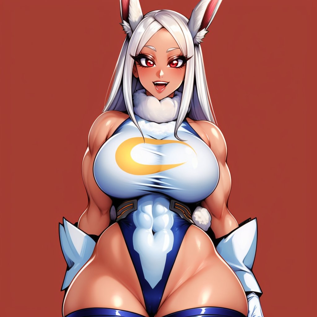 (masterpiece, best quality:1.3), JUGGERTUUL, 1girl, solo, looking at viewer, wide hips, mature female, simple background, closed mouth, seductive smile, large breasts, cowboy shot, thick thighs,  <lora:JUGGERTUUL Style Lora:1>, leotard, fur collar, muscular female, bunny ears, white hair, red eyes, thighhighs, gloves,  <lora:Mirko:.8>