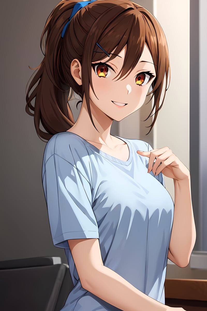 (masterpiece,hires), (2.5D:0.2), female focus, 1girl, long hair, horiK,, hairclip, indoors, folded ponytail, , shirt, casual clothes smile,medium breasts,(simple background:1.2), , looking at viewer, natural lighting,    <lora:me_hori-08:0.7>