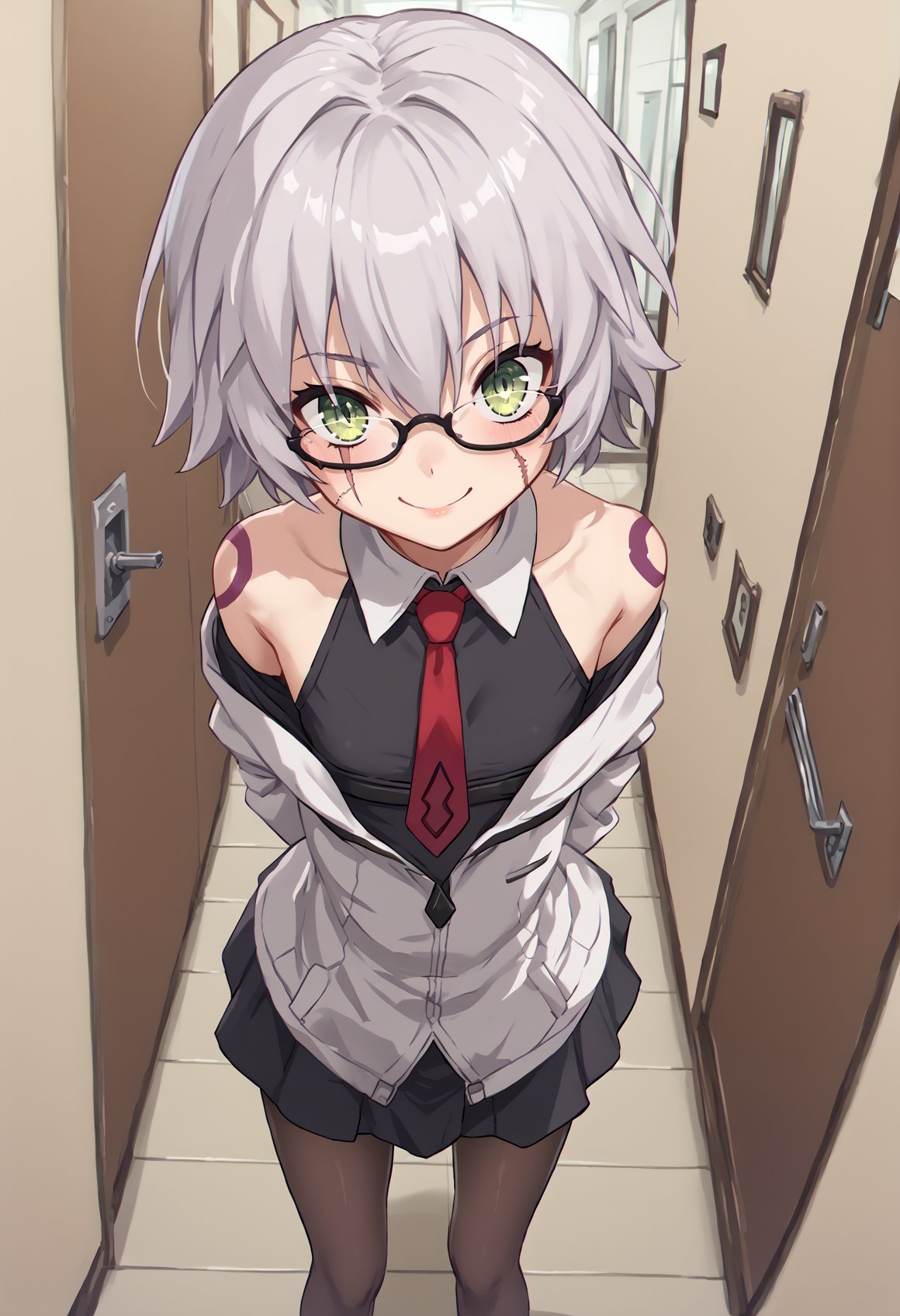 1girl, short hair, grey hair, green eyes, scar on face, scar on cheek, scar across eye, shoulder tattoo, black shirt, white collar, red necktie, Two-Tone Jacket, white jacket, grey sleeves, long sleeves, skirt, pantyhose, off shoulders, bare shoulders, flat chest, indoors, hands behind back, bent over, evil smile, glasses, hallway, from above <lora:Mashu:1><lora:Jack_the_Ripper_XL:1>, score_9, score_8_up, score_7_up, score_6_up, score_5_up, score_4_up, BREAK source_anime, masterpiece