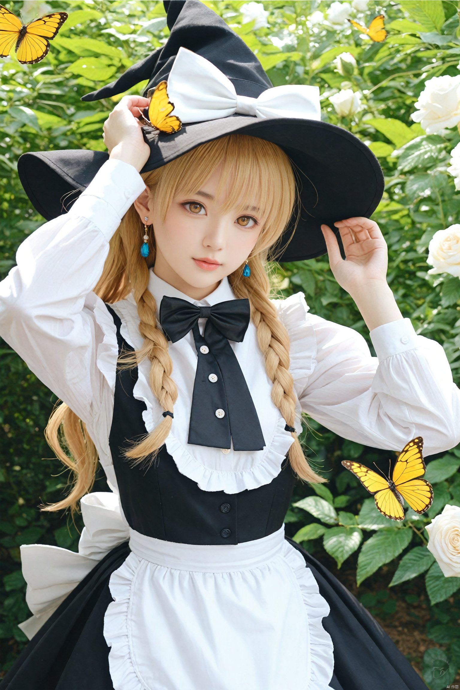 masterpiece,Realism,best quality,loli,1girl, hat, kirisame marisa, blonde hair, solo, yellow eyes, bug, witch hat, butterfly, long hair, braid, bow, flower, apron, black headwear, single braid, long sleeves, earrings, hair ornament, jewelry, white bow, hair flower, shirt, white shirt, closed mouth, hair between eyes, black bow, waist apron, white apron, hat bow, black skirt, white flower, blush, bowtie, skirt, black bowtie, looking at viewer, hair bow, rose, black vest, vest, frills, signature, buttons, hand on headwear, upper body, frilled apron, white rose, arms up, cowboy shot, yellow butterfly, arm up, hands up, artist name, side braid, ribbon<lora:EMS-288516-EMS:0.000000>, <lora:EMS-300688-EMS:0.000000>, <lora:EMS-301024-EMS:0.300000>, <lora:EMS-339656-EMS:0.000000>, <lora:EMS-324355-EMS:0.000000>, <lora:EMS-344883-EMS:0.000000>