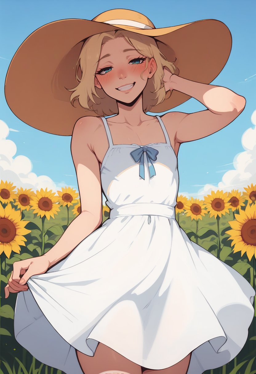 score_8_up,girly, male focus, sunflower field, blue sky, looking at viewer, crossdressing, sundress, hat, blush, grin , half-closed eyes, <lora:NoctFlatStyleV2:0.75>