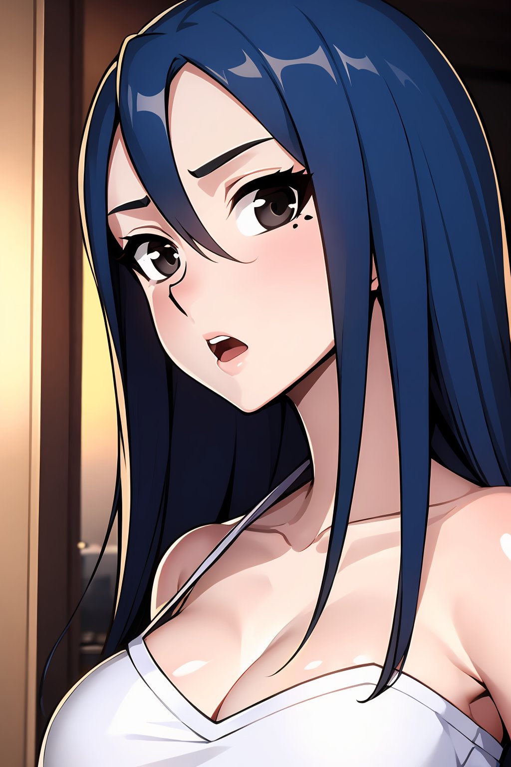 HDR,UHD,best quality,Highly detailed,masterpiece,Professional,close shot,cangyue,1girl,solo,long hair,breasts,black eyes,blue hair,open mouth,medium breasts,cleavage,hair between eyes,looking at viewer,collarbone,<lora:cangyue(meinahentai_v4):0.9>,