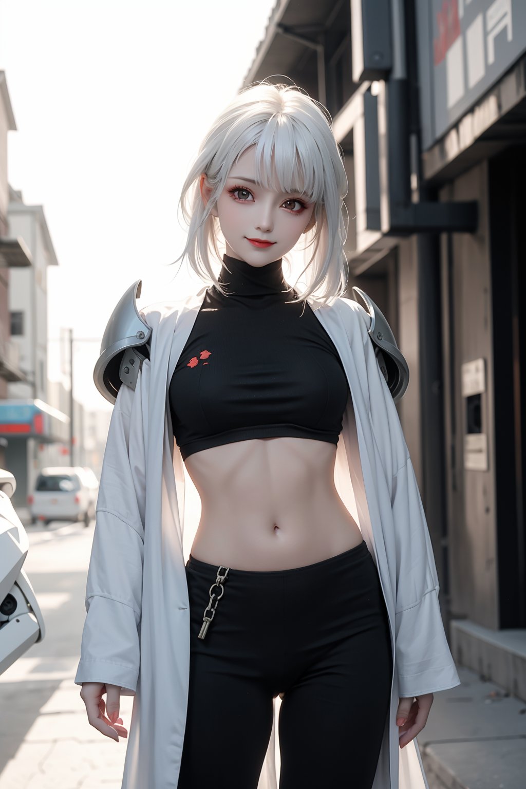 best quality,masterpiece,1girl,solo,solo focus,red eyes,glowing eye,white hair,long hair,robe,(((black suit))),((joints)),((robot joints)),outdoors,broken,epic armageddon,broken armor,light smile,closed mouth,single eye,navel,midriff,upper body,