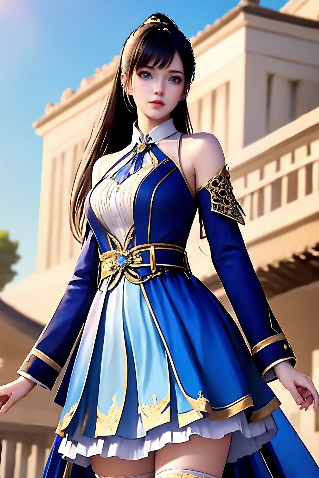 (best quality:1.4), (masterpiece:1.4), exquisite details and textures, extremely detailed, 1girl, solo, ponytail, black hair, blue sky, blue eyes, building, thighhighs, sky, dress, long hair, hair ornament, looking at viewer, blurry background, clothing cutout, skirt, white dress, white thighhighs, outdoors, blurry, long sleeves, upper body, bare shoulders, blue dress