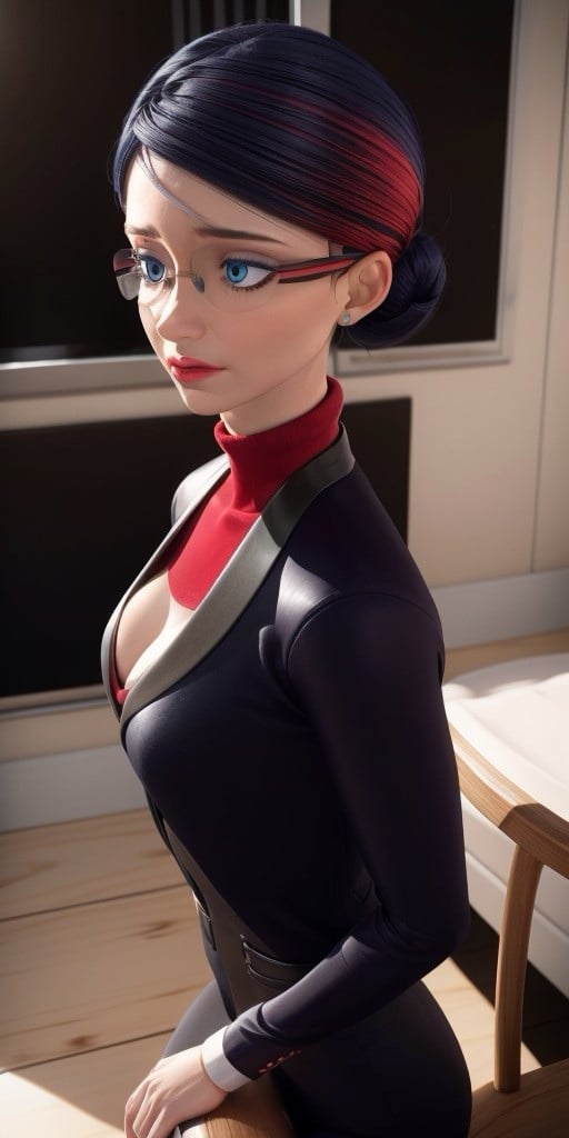 Hyperrealistic, photorealistic, super detailed, black hair with a streak on the left side that is dyed a red color, hair is pulled back into a bun with the hair on top, wrinkles under the eyes, glasses with black and red striped frames, pale blue eyeshadow, body like in real life, large pores, slender, pale skin, beautiful arms, medium breasts, unreal engine, octane render, droped shadow, bokeh, cinematic lighting, <lora:add_detail:0.5>, <lora:Volumetric_lighting:0.6>, Sancoeur, Nathalie, , <lora:23452684-03e9-4974-b01b-afc7ea555a43:0.7>