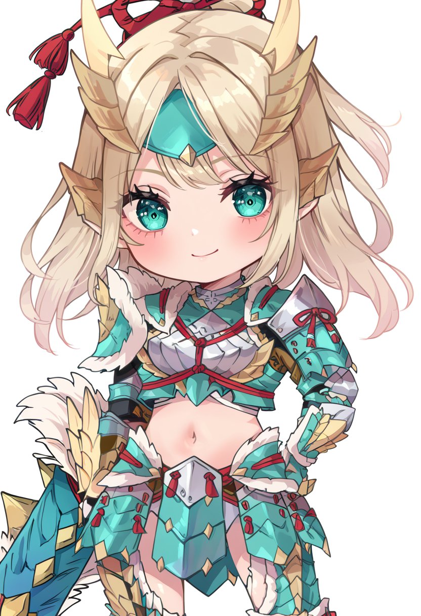 (score_9:0.9),score_8_up,score_7_up,rating_safe,anime style,(zPDXL),<lora:Zinogre armor ponyXL v2:0.94>, Zinogre armor, cyan gauntlets, cyan armor boots, 1girl, solo, long hair, chibi, huge sword, huge weapon, smile, simple background, bangs, green eyes, white background, aqua eyes, weapon on back