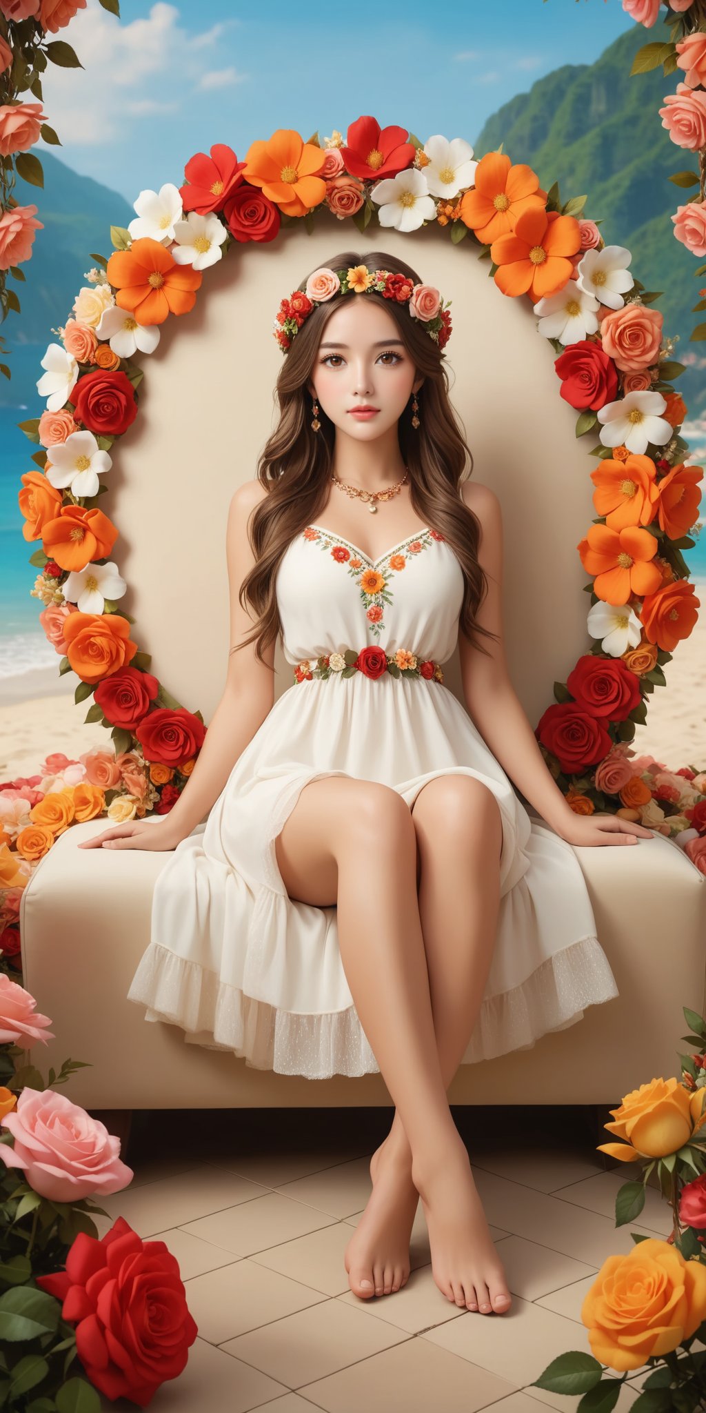 1 girl,solo,flower,long hair,barefoot,brown hair,sitting,brown eyes,head flower wreath,rose,looking at the audience,hair accessories,hair flowers,lips,realistic,red flowers,bare legs,white flowers,orange flowers,pink flowers,full body,Bohemian style dress,jewelry,leaves,hands on legs,knees up,plush cushion,lighting embellishment,surrounded by colorful flower wreaths,soft focus effect,high-definition,