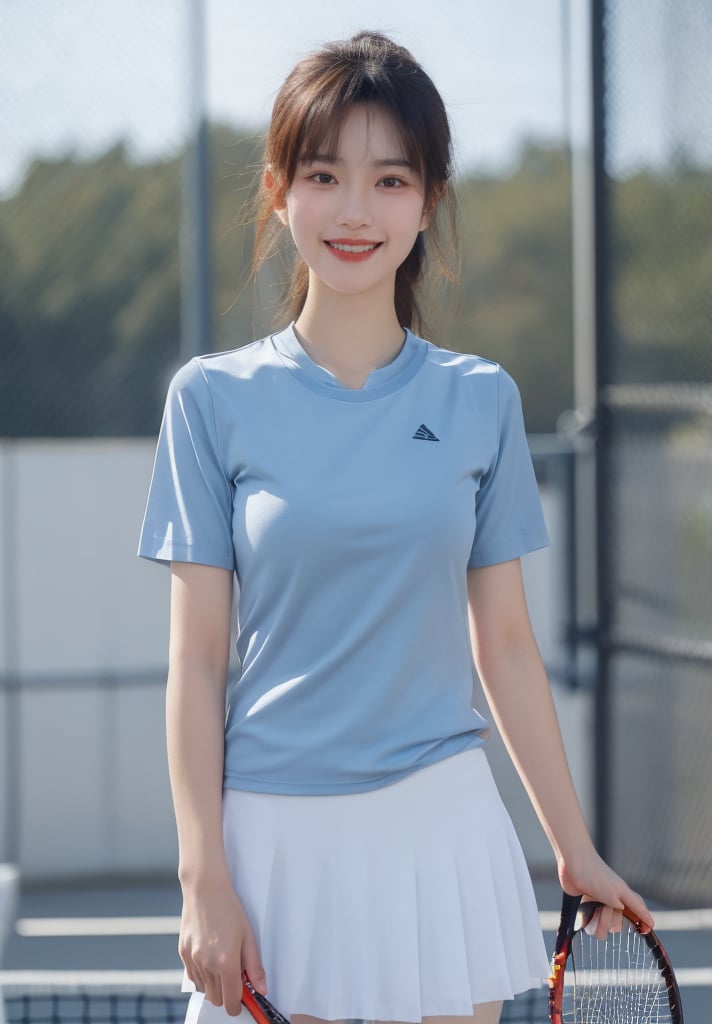 1girl,wangqiu,blue shirt,blurry , blurry background , lens flare , light rays , lips , looking at viewer, medium breast, short sleeves ,smile, solo , sportswear , standing , tennis court , uniform, white skirt , wind ,<lora:粉嫩少女纯欲写真:0.89>