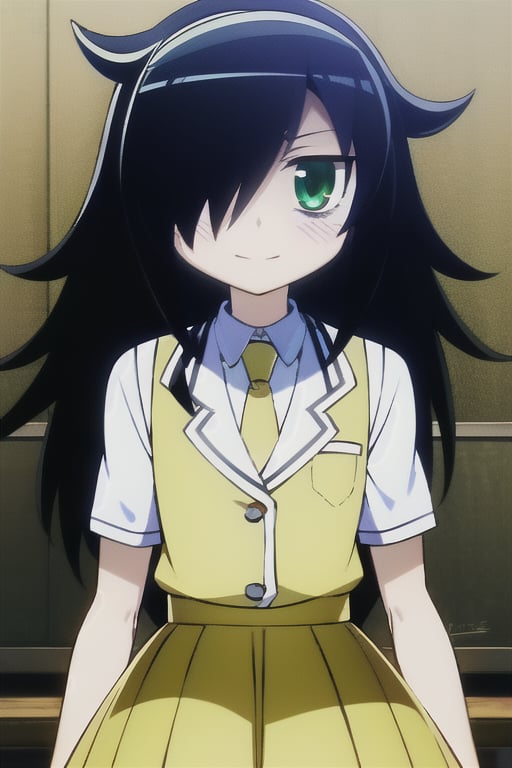 (masterpiece, best quality), vtuber-halfbody, tomoko-kuroki, yellow school uniform, long yellow skirt, upper body, (white backgound), <lora:vtuber-poses-05:1>, <lora:tomoko-kuroki-v2-2:1>