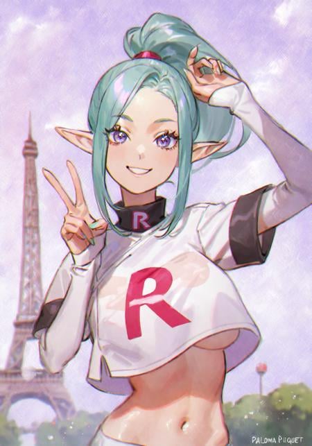 kuroi suna, paloma piquet, 1girl, elf, aqua hair, high ponytail, smile, team rocket uniform, clothes writing, single letter, R, crop top overhang, underboob, upper body, paris, eifel tower