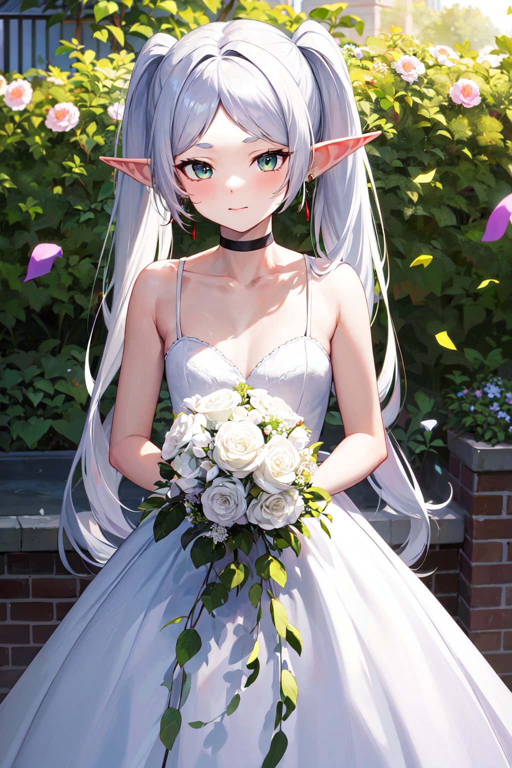 masterpiece, best quality, highres, aafrie, long hair, white hair, twintails, pointy ears, earrings, thick eyebrows, <lora:frieren_v1:0.7>, wedding dress, white dress, garden, holding bouquet, confetti, 