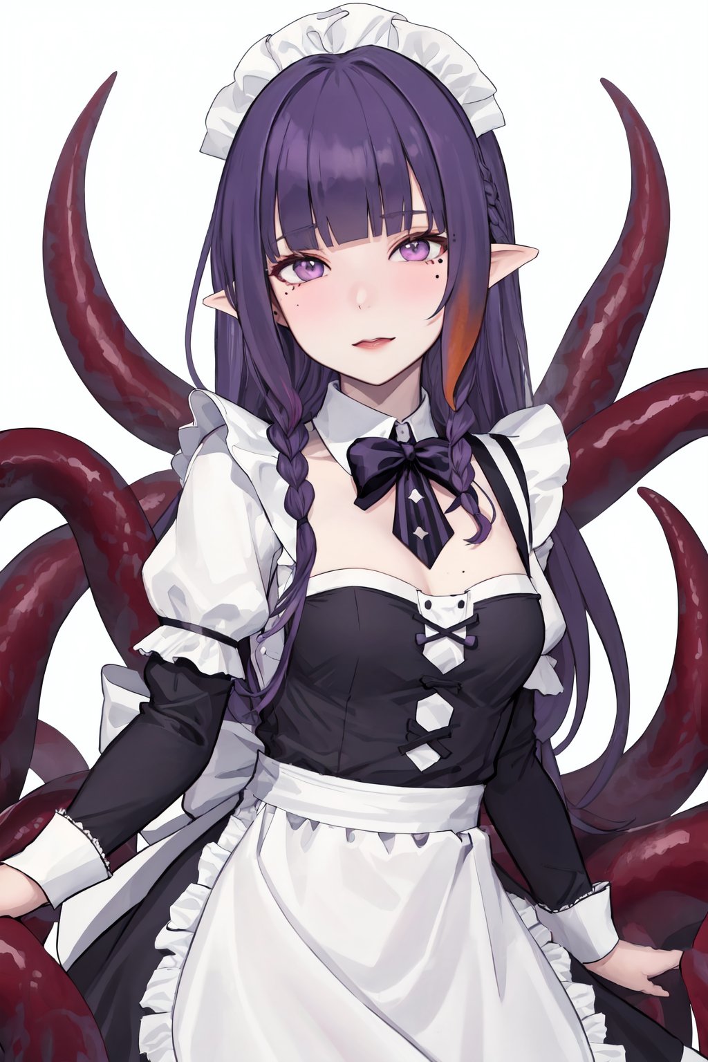 1girl,virtual youtuber,ninomae ina'nis,solo,pointy ears,purple hair,long hair,maid headdress,orange hair,purple eyes,maid,multicolored hair,tentacle hair,bangs,gradient hair,looking at viewer,sidelocks,mole,mole under eye,apron,blush,blunt bangs,enmaided,alternate costume,white background,breasts,very long hair,maid apron,long sleeves,flat chest,simple background,braid,frills,bow,shrug (clothing),