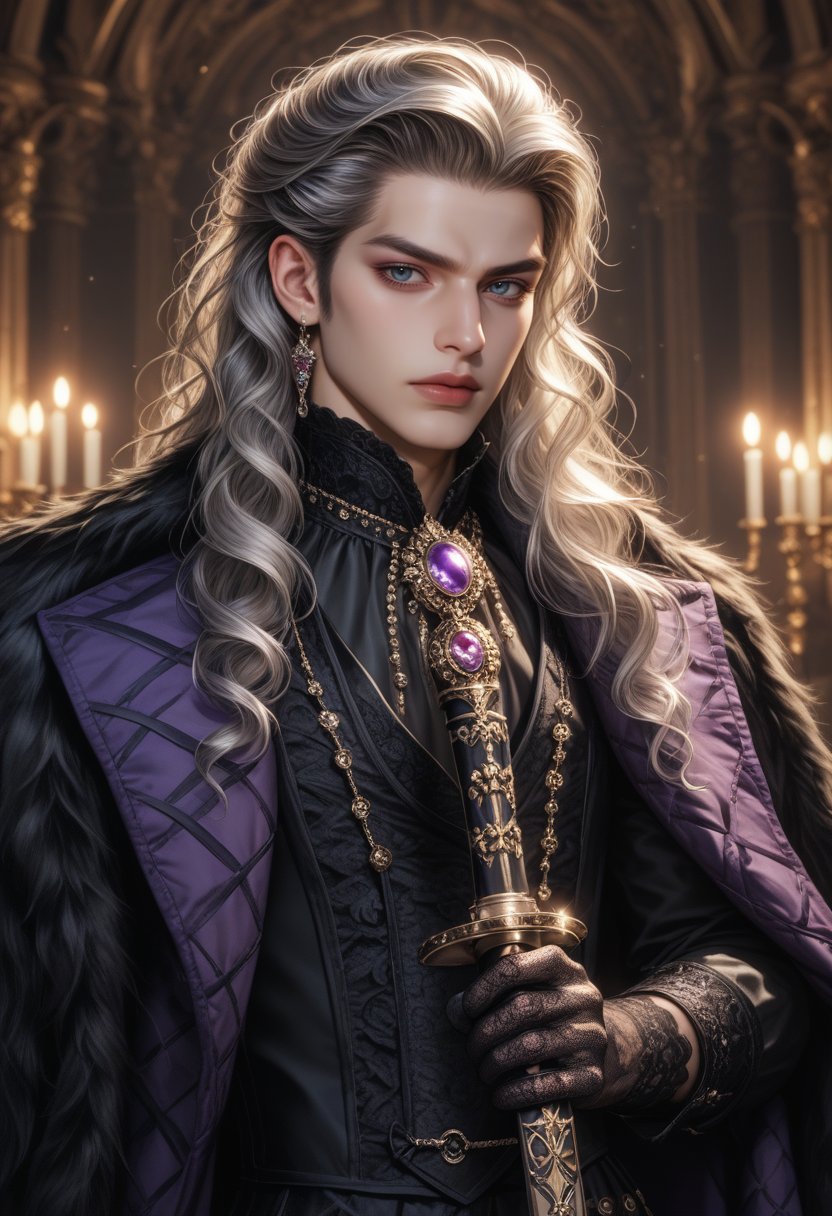 score_9, score_8_up, score_7_up, 1boy, gothic aristocrat, black wavy hair, pale skin, serious expression, dark gothic attire, ornate black and purple clothing, silver jewelry, intricate brooches, fur-lined cloak, lace cravat, royal nobility, holding a sword, detailed gloves, gothic castle interior, candlelit room, elegant and somber mood, Victorian gothic style, baroque detailing, dark fantasy, moody lighting, luxurious textures, photorealistic, highly detailed fabric, aristocratic atmosphere