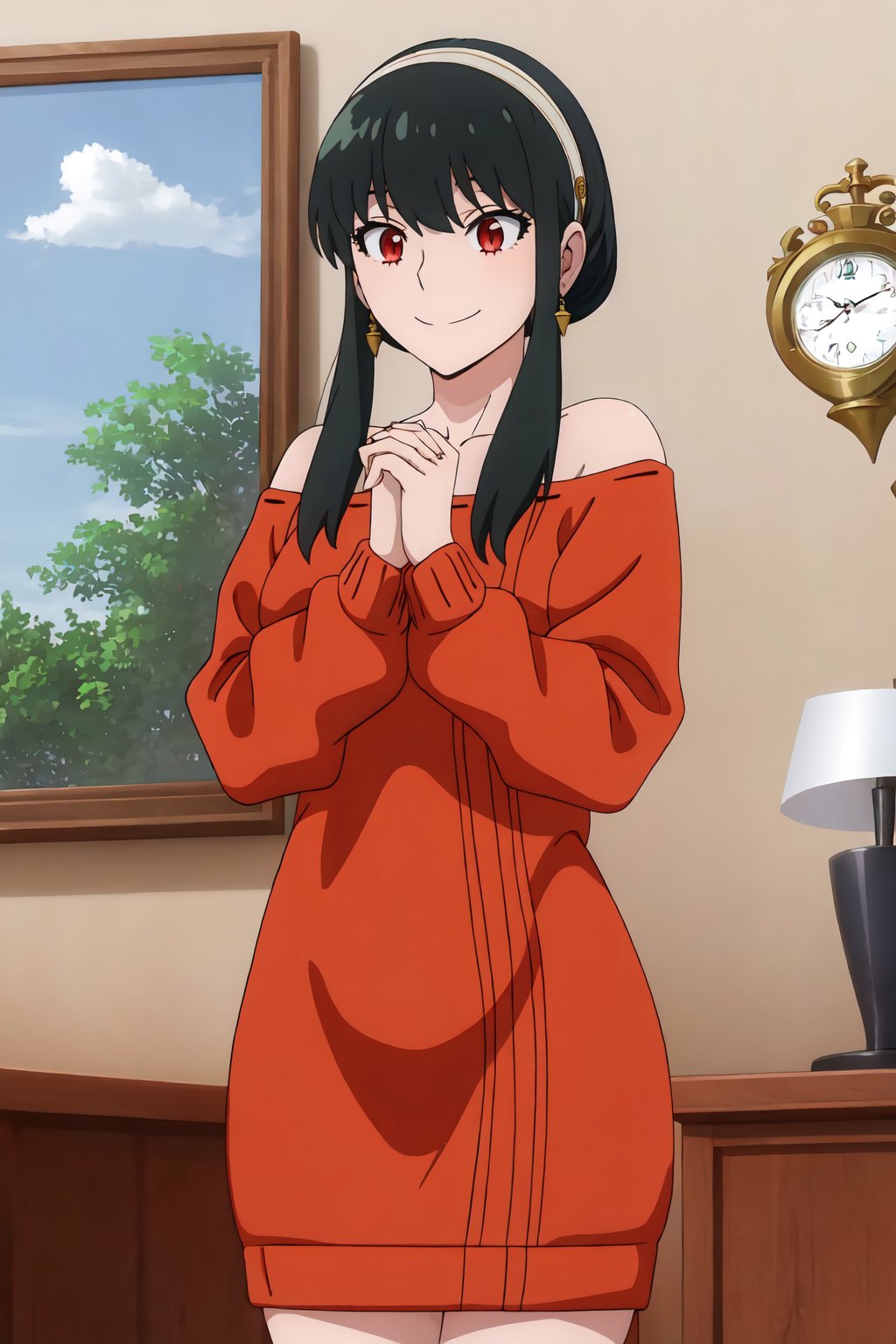 YorForger, 4k, absurd, high resolution, very high resolution, high definition, masterpiece, 1girl, solo, long hair, smile, black hair, red eyes, long sleeves, dress, bare shoulders, jewelry, closed mouth, sidelocks, hairband, earrings, off shoulder, sweater, own hands together, short hair with long locks, clock, own hands clasped, television, off-shoulder sweater, red sweater<lora:EMS-400146-EMS:0.800000>