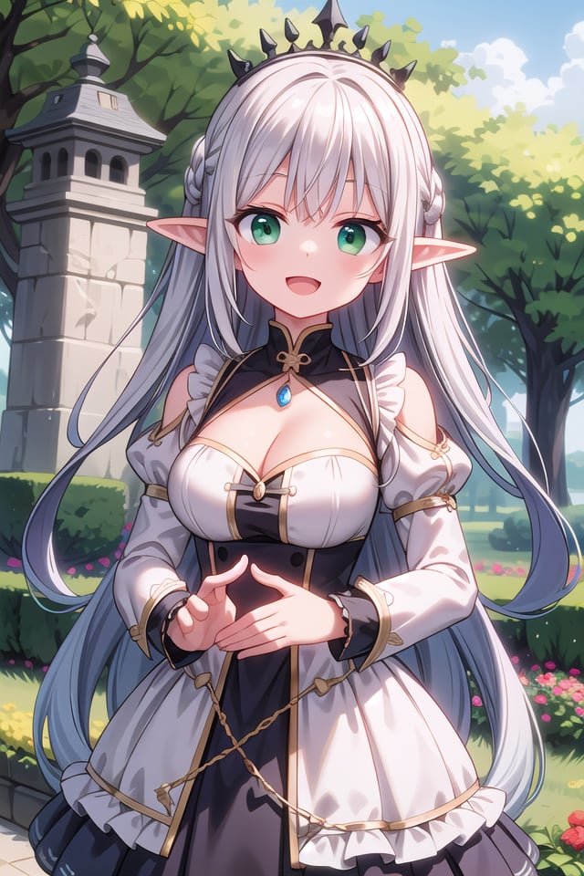 insanely detailed, absurdres, ultra-highres, ultra-detailed, best quality,1girl, solo, nice hands, perfect handsBREAKelf girl, (wearing dress with many frills:1.2), (nsfw:-1.5), (navel:-1)BREAKhappy smile, laugh, open mouthBREAKstanding, cowboy shot, looking at viewerBREAKslender, kawaii, perfect symmetrical face, ultra cute girl, ultra cute face, ultra detailed eyes, ultra detailed hair, ultra cute, ultra beautifulBREAKfantasy world, garden of castle, depth of field, ultra detailed backgroundBREAKlarge breasts, cleavage,BREAKsilver hair, long hair, elf ear, green eyes