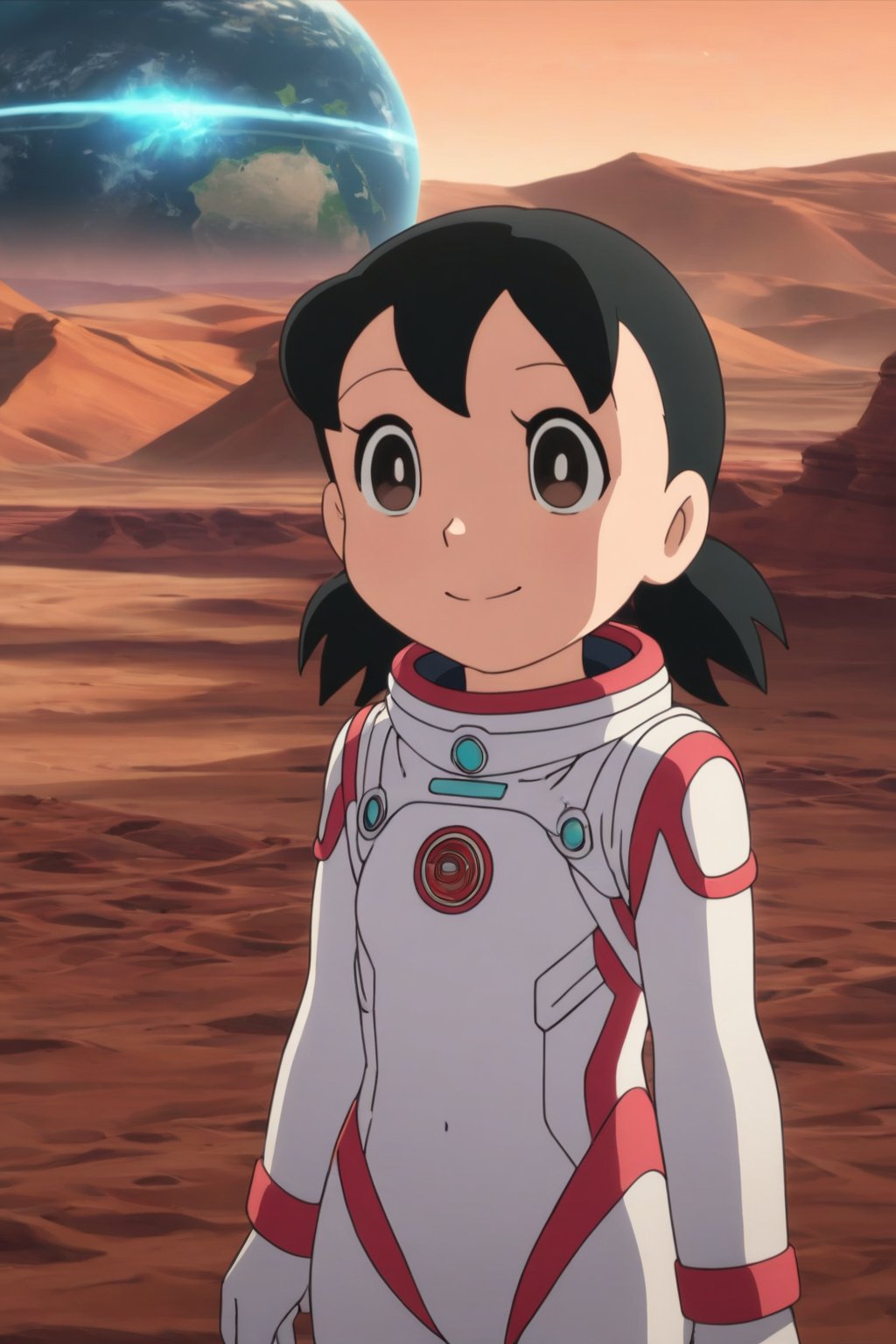 minamoto shizuka,cowboy shot, 1girl, solo, smile, Girl in a spacesuit stepping onto the surface of Mars, Earth visible in the distance, vast red landscape, futuristic colony in the background, sense of wonder and exploration, epic sci-fi scene, hyper-realistic detail, child,masterpiece, perfect face, best quality, beautiful eyes, shiny eyes, anime coloring, anime screencap, absurdres, award winning, <lora:minamoto shizuka anyt 905:0.8>