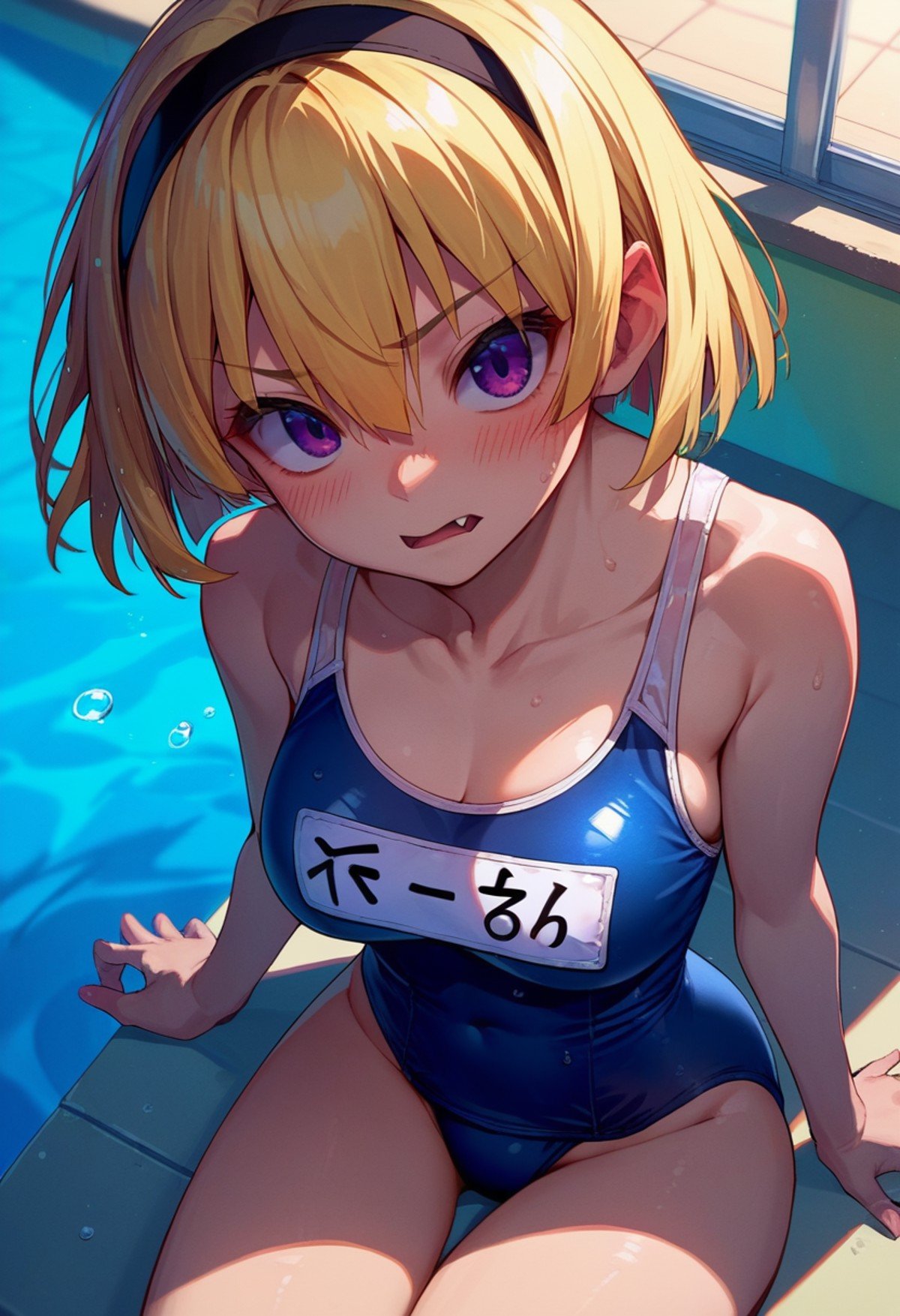 score_9, score_8_up, score_7_up, source_anime, houjou_satoko,  solo, swimsuit, school swimsuit, 1girls, one-piece swimsuit, blonde hair, purple eyes, hairband, short hair, fang, name tag, breasts, collarbone, bangs, blush, hair between eyes, black hairband,  <lora:Satoko Houjou Pony 5-000003:1>