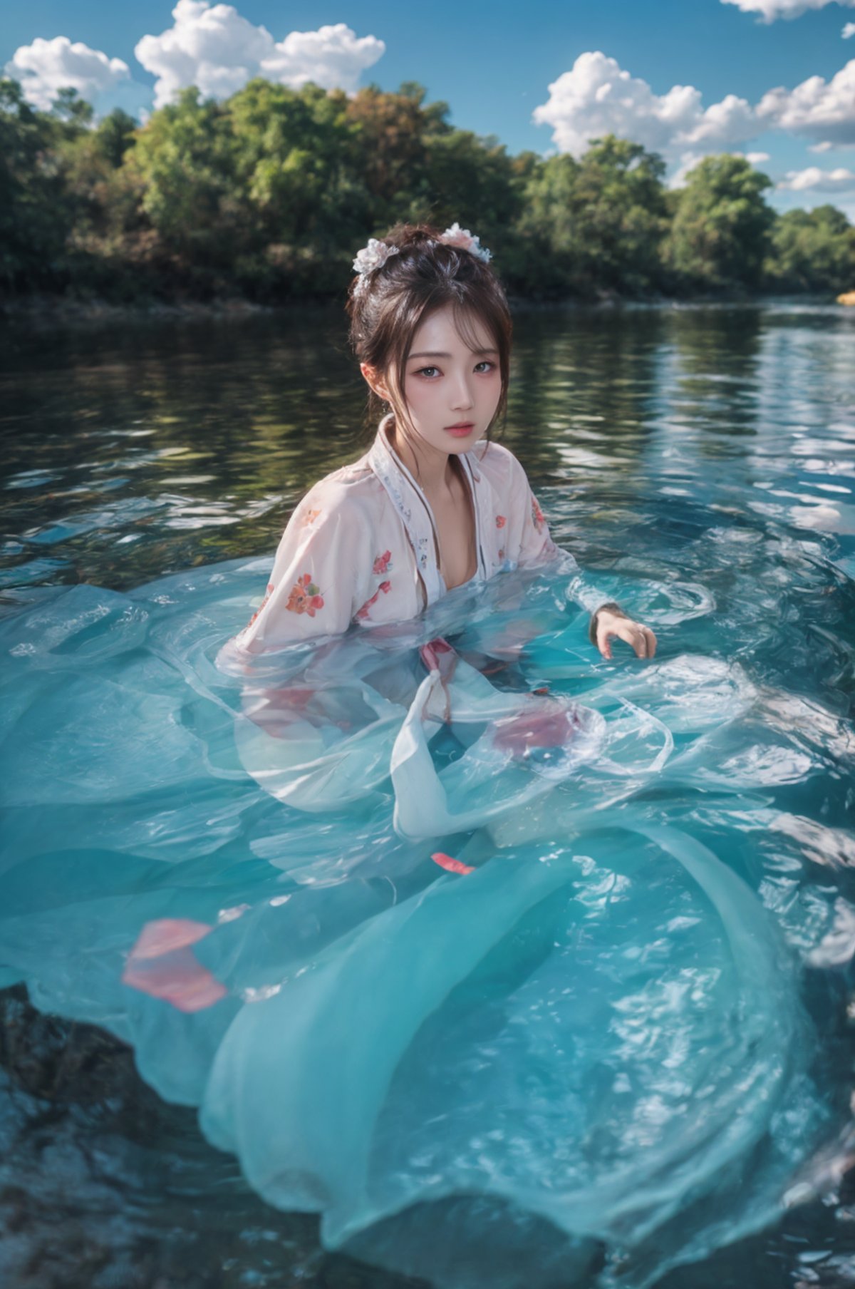 1girl,blue sky and white clouds,water,