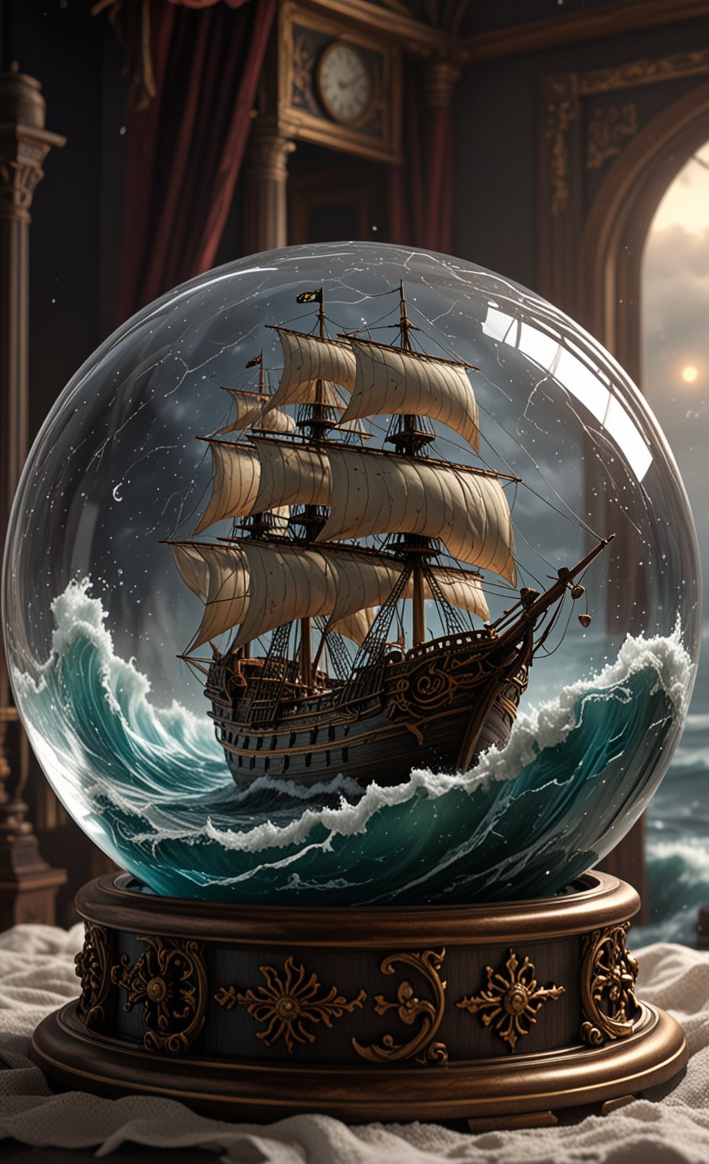 A  glass sphere sculpture, concealed inside the sphere is a large Pirate Ship in a Lightning storm, large waves, in the dark, detailed image, 8k high quality detailed, the moon, shaped sphere, amazing wallpaper, digital painting highly detailed, 8k UHD detailed oil painting, beautiful art UHD, focus on full glass sphere, bokeh,  background Modifiers: extremely detailed Award winning photography, fantasy studio lighting, photorealistic very attractive beautiful imperial colours ultra detailed 3D, (Very Intricate)