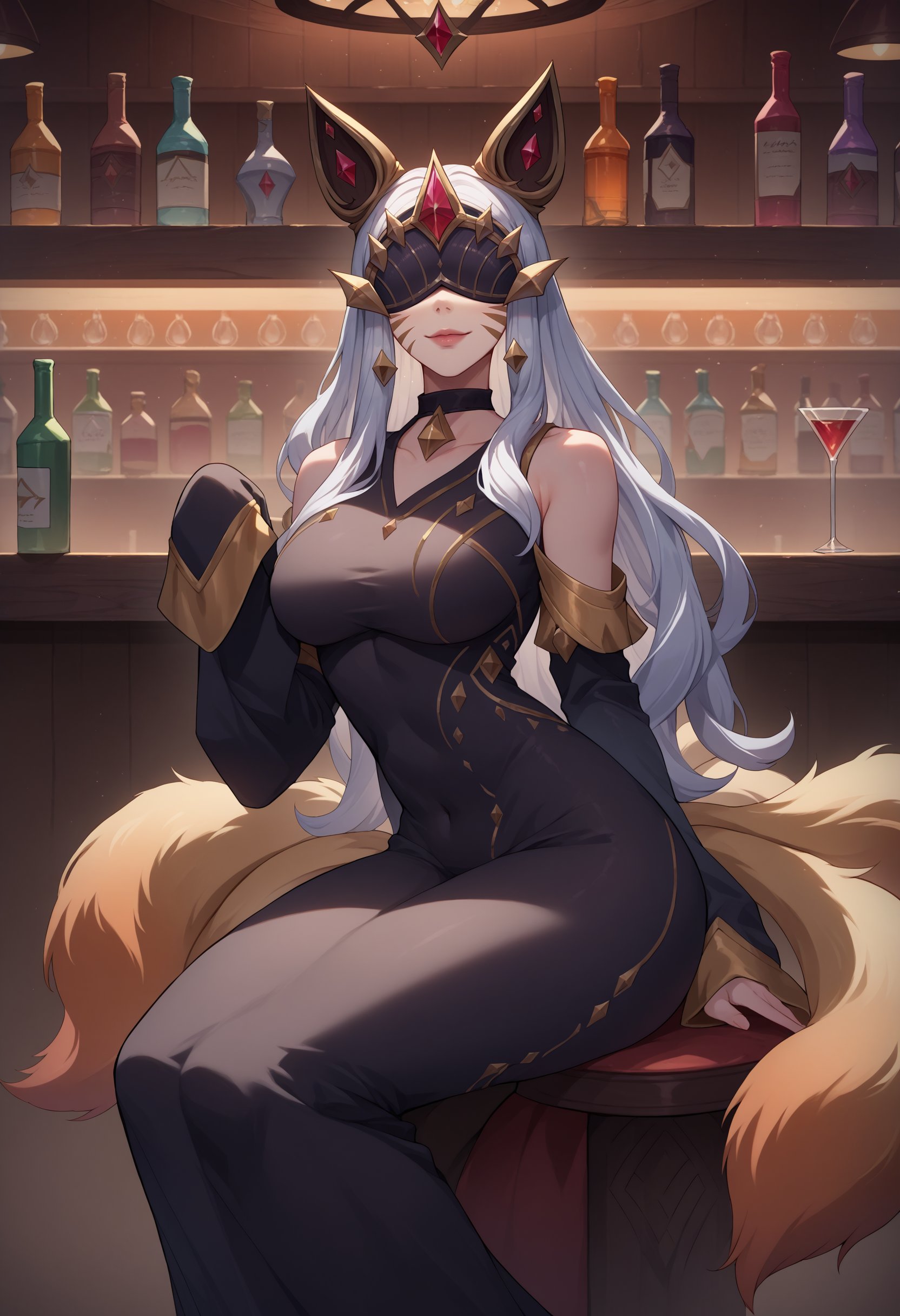 score_9, score_8_up, score_7_up, Ahriarcana, animal ears, facial mark, multiple tails, long hair, white hair, large breasts, eye mask, covered eyes,  <lora:Ahri_Arcana_pdxl_Incrs_v1:1>,  <lora:Hoseki_BocchiTheRock_Pasan_PDXL_v2:1>, choker, black dress, long dress, shoulder cutout, sleeves past fingers, bar, night, sitting, seductive smile,