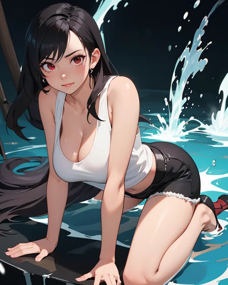 Tifa, red eyes, eyelid, face shadow, finely detailed, best quality, large breasts, cleavage, full body, detailed iris. smug expression, beautiful lighting, white tank top, black shorts, sexy legs, large butt,  water swirling around the character, colorful refraction, disheveled hair, marvelous illustration, detailed splash