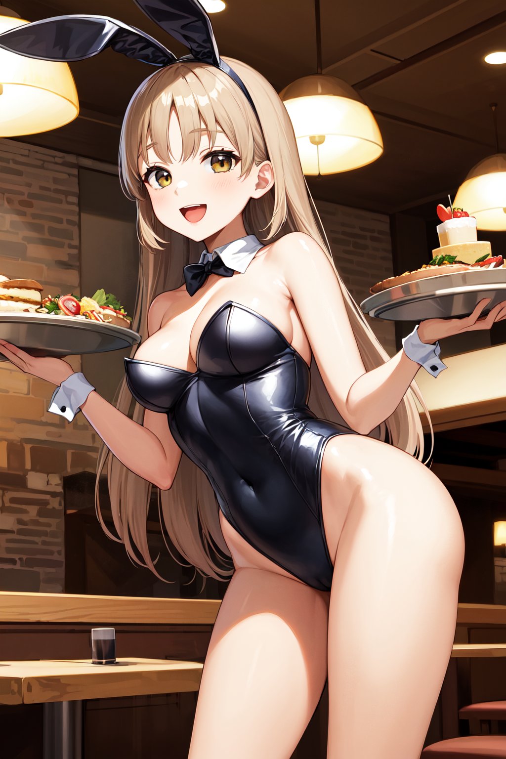 masterpiece, best quality, highres, aasister, long hair, <lora:sister_cleaire_v2:0.7>, playboy bunny, leotard, restaurant, holding tray, food, smile, open mouth,