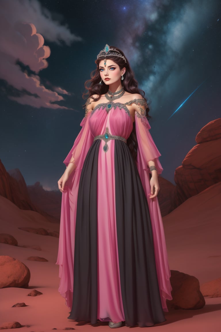 full body, adult woman, 38 year old female, medium breasts, wearing HUD_spr_armr, jeweled tiara, long chiffon dress, detached sleeves, jewelry, intricate engraved metal neckpiece, belt, pauldrons,<lora:HUD_spr_armr-07:0.65>, (long black wavy hair), cinematic, dramatic, 4k, standing, on Mars, dusty, galactic, <lora:ILT80s_1.5-000007:1>, sexy woman wearing HUD_ILT80s