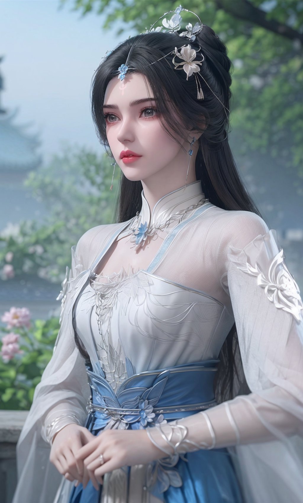 ,,masterpiece,(best quality),official art,extremely detailed cg 8k wallpaper,(extremely delicate and beautiful),solo,realistic,photo_\(medium\),upper body,facial tattoo,(,chinese clothes,, gown, jewelry , long hair, white gown, sash, long sleeves),adfxx,1girl,solo,earrings,flower,facial mark,hair bun,hair flower,black hair,hair ornament,realistic,<lora:40muwan-10:0.7>,adfxx,