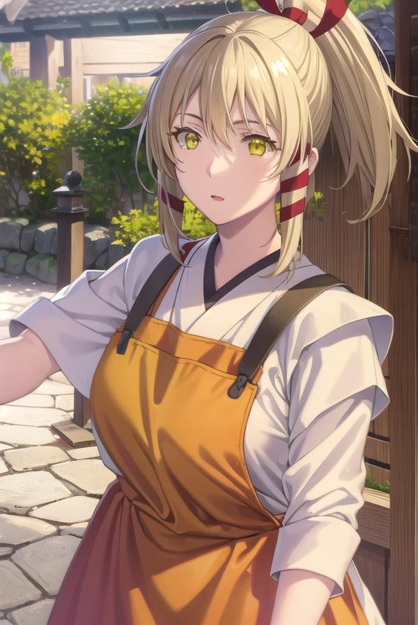 ukanomitamanokami, <lora:uka no mitama no kami s1-lora-nochekaiser:1>,uka no mitama no kami, long hair, blonde hair, hair ribbon, (yellow eyes:1.5), ponytail, tress ribbon,BREAK japanese clothes, miko, apron, (red apron:1.5),BREAK outdoors, shrine,BREAK looking at viewer, (cowboy shot:1.5),BREAK <lyco:GoodHands-beta2:1>, (masterpiece:1.2), best quality, high resolution, unity 8k wallpaper, (illustration:0.8), (beautiful detailed eyes:1.6), extremely detailed face, perfect lighting, extremely detailed CG, (perfect hands, perfect anatomy),