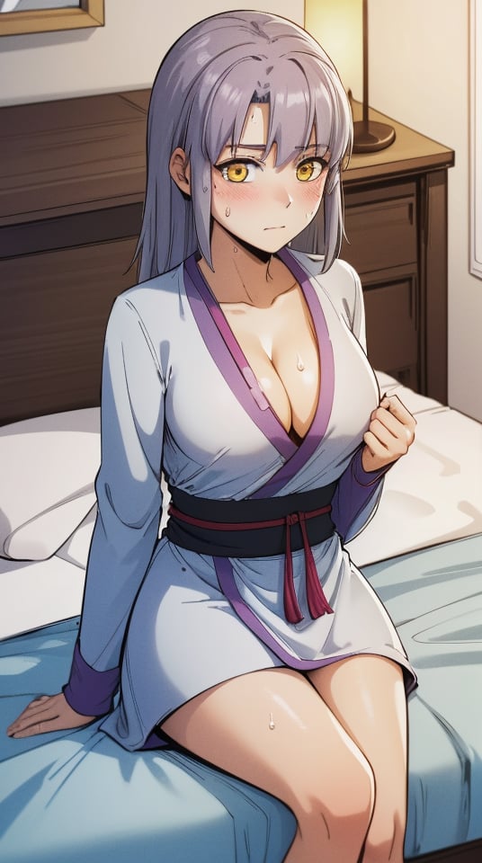 (masterpiece, best quality),ray tracing,absurdres,HDR,Zhao Haitang, 1girl, solo, yellow eyes, closed mouth, sitting, pillow, blush, long hair, cleavage, sweat, grey hair, medium breasts, chinese clothes, bed, indoors, on bed, blanket, tissue box,looking at viewer<lora:Zhao Haitang:0.8>