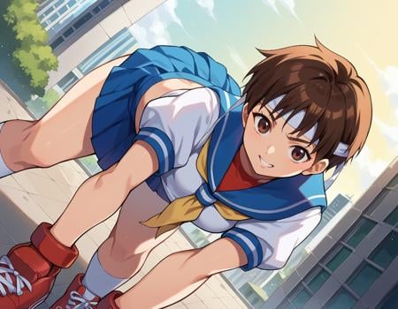 score_9, score_8_up, score_7_up, source_anime,sakurakasugano, <lora:sakura-kasugano-ponyxl-lora-nochekaiser:1>,sakura kasugano, brown eyes, brown hair, short hair, mature female,ankle socks, blue skirt, crop top, headband, midriff, miniskirt, navel, sailor collar, school uniform, shoes, short sleeves, skirt, sneakers, socks, stomach, shirt, white shirt, white headband, gloves, red gloves,outdoors, cityscape, bent over,looking at viewer, dutch angle, cowboy shot,