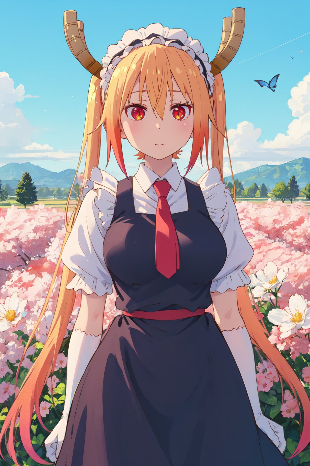 <lora:Tooru-000009:0.8>,Tooru CYQL,1girl,looking at viewer,solo,dragon girl,blonde hair,long hair,twintails,multicolored hair,gradient hair,hair between eyes,dragon horns,slit pupils,red eyes,breasts,large breasts,dragon tail,large tail,necktie,maid,shirt,short sleeves,gloves,dress,white gloves,white shirt,puffy sleeves,puffy short sleeves,elbow gloves,collared shirt,frills,naughty_face,cowboy_shot,Late spring into early summer, hillsides burst with a profusion of blooming flowers, a kaleidoscope of colors, bustling with bees and butterflies,beautiful detailed sky,beautiful detailed glow,posing in front of a colorful and dynamic background,masterpiece,best quality,beautiful and aesthetic,contrapposto,female focus,wallpaper,