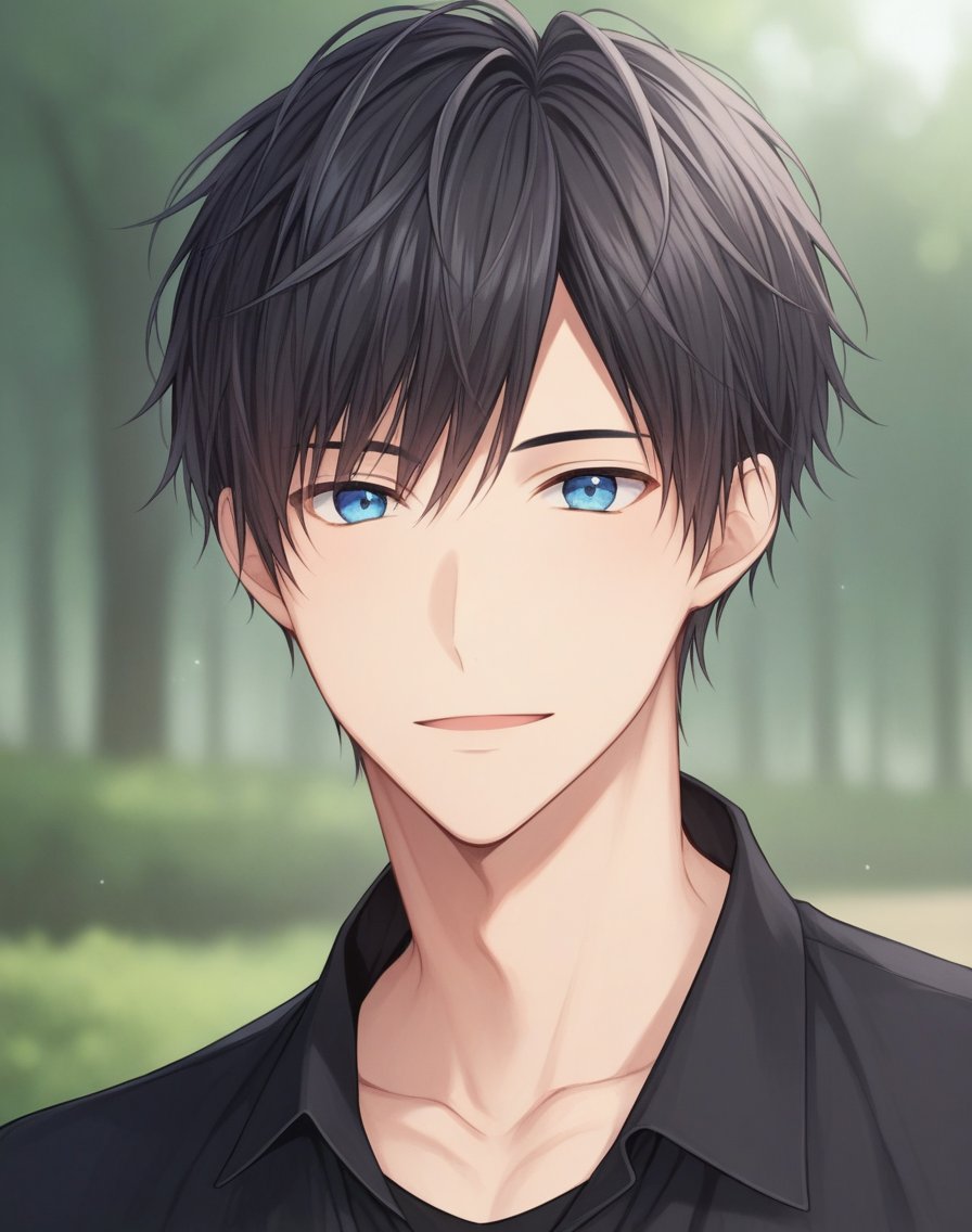 <lora:Masaki Maki Style:0.8>, score_9, score_8_up, score_7_up, rating_safe, depth of field, ((1boy, solo, male only, male focus, upper body)), black hair, blue eyes, short hair, black shirt, collared shirt, happy, looking at viewer, facing viewer, collarbone, outdoors,