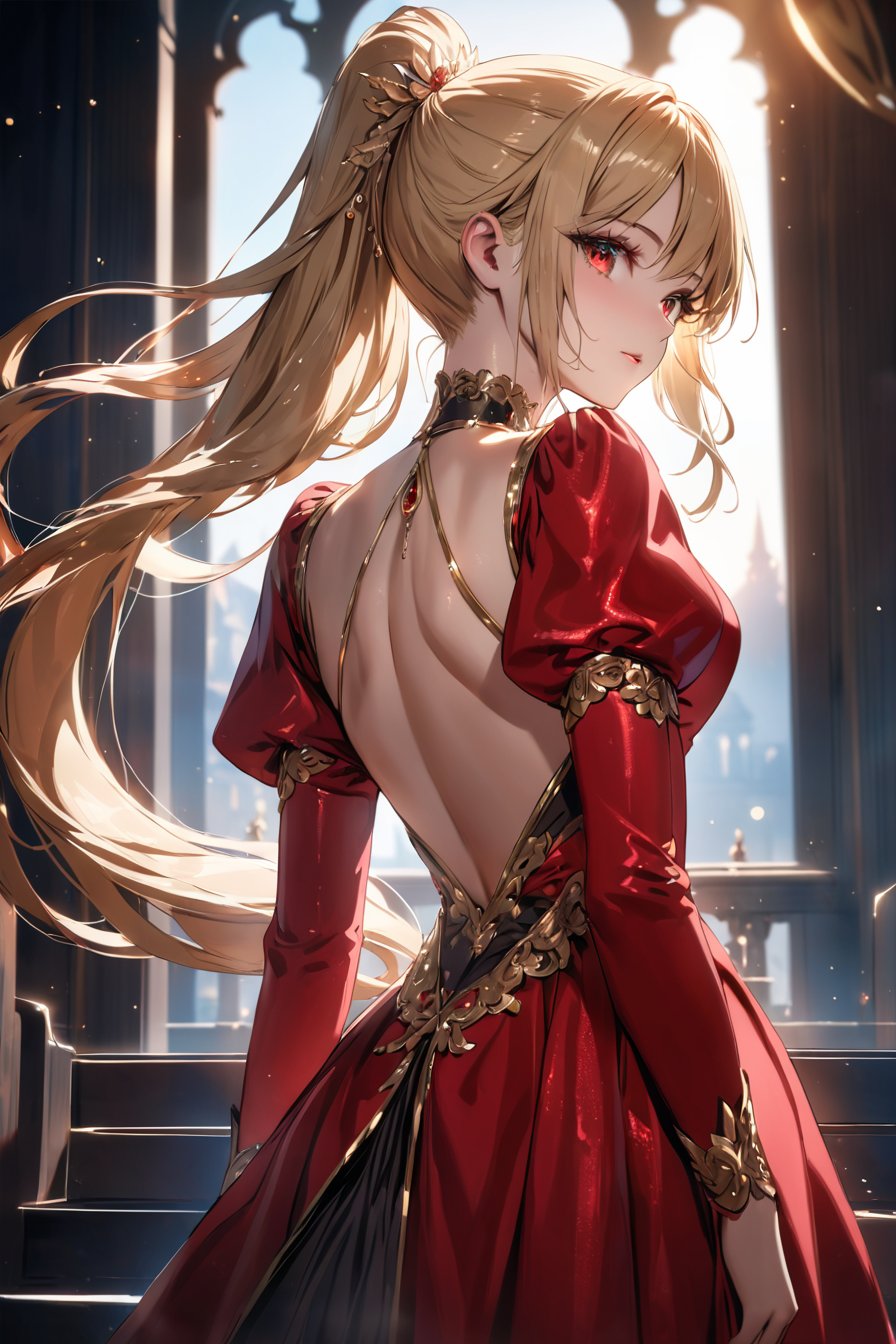 back focus, from behind, blonde hair, long hair, high ponytail, long ponytail, red eyes, long eyelashes, thick eyelashes, looking at viewer, red dress, backless dress, gold trim dress, puffy sleeves, juliet sleeves, long sleeves, red sleeves, light particles, blurry, bloom, shiny hair (Depth of field hdr 8k 4k wallpaper cinematic angle, cinematic lighting,:1.2) (masterpiece, best quality:1.2)