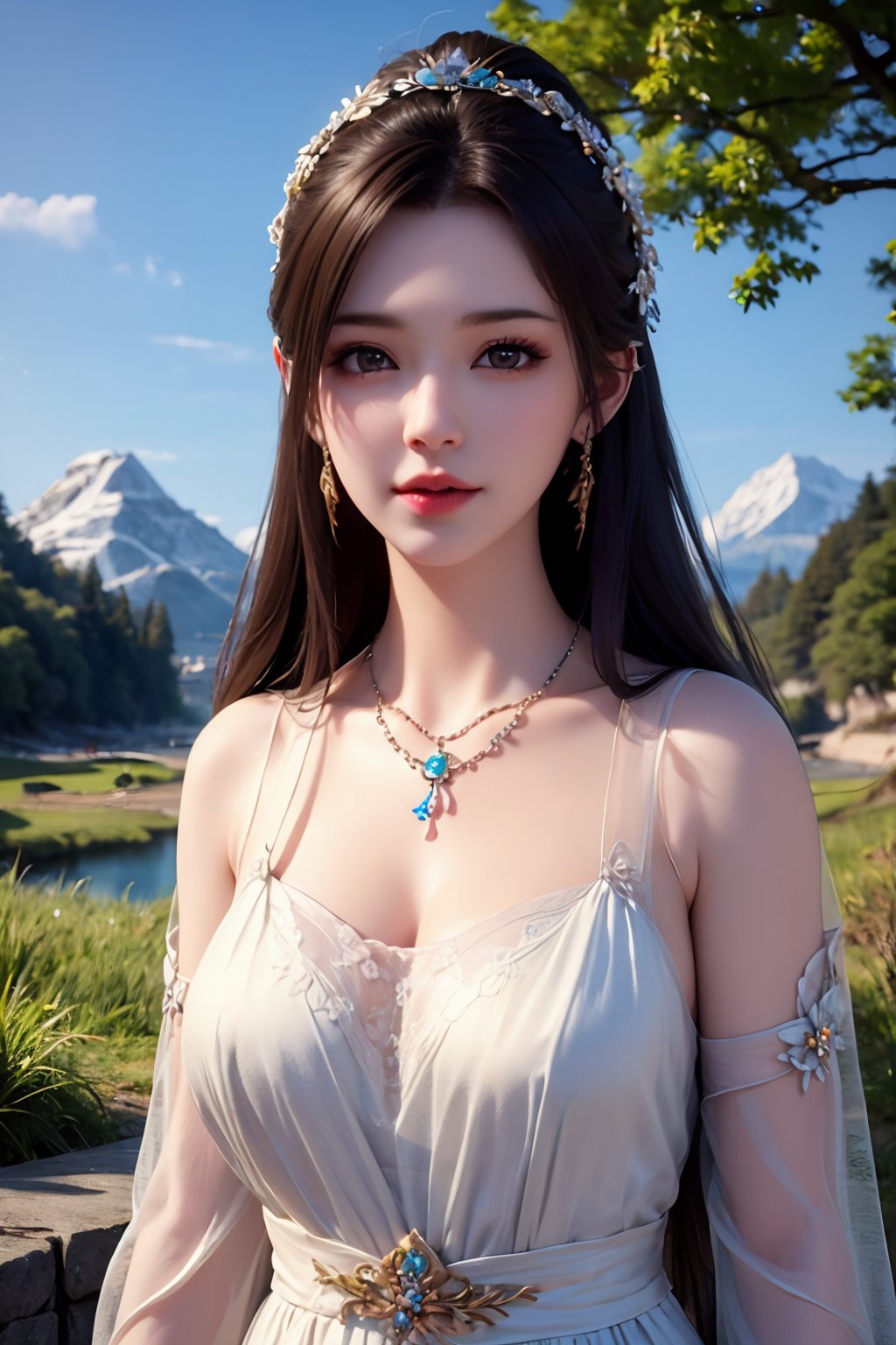 (best quality:1.4),(masterpiece:1.4),(8K:1.4),(extremely detailed:1.4),1girl,solo,see-through,dress,long hair,necklace,jewelry,breasts,sky,hair ornament,outdoors,scenery,