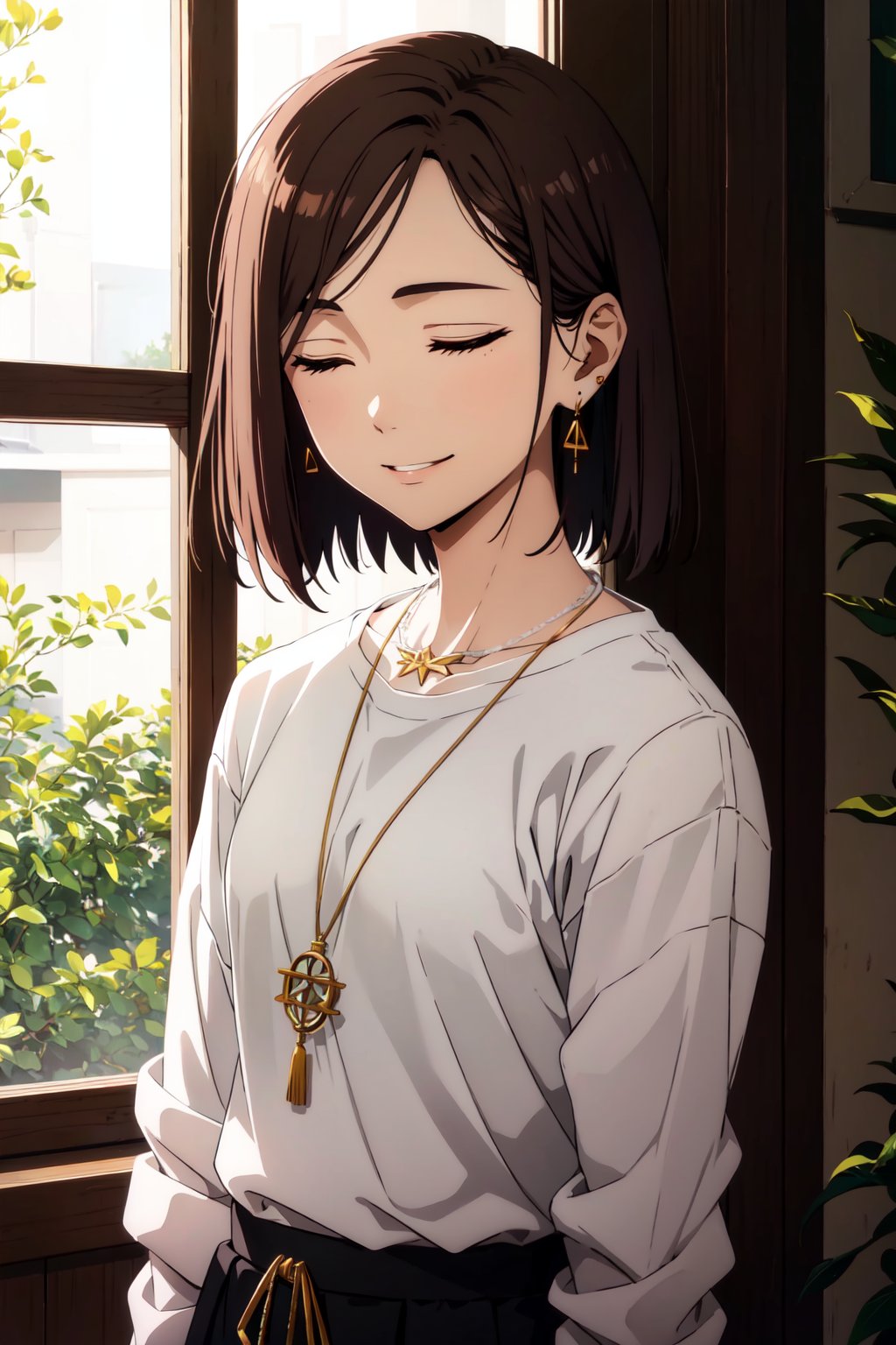 <lora:KotohaTachibana:0.8>, Kotoha Tachibana, 1girl, solo, smile, short hair, brown hair, shirt, black hair, jewelry, closed mouth, closed eyes, white shirt, earrings, necklace, hair over one eye, window, portrait, backlighting, ((masterpiece))