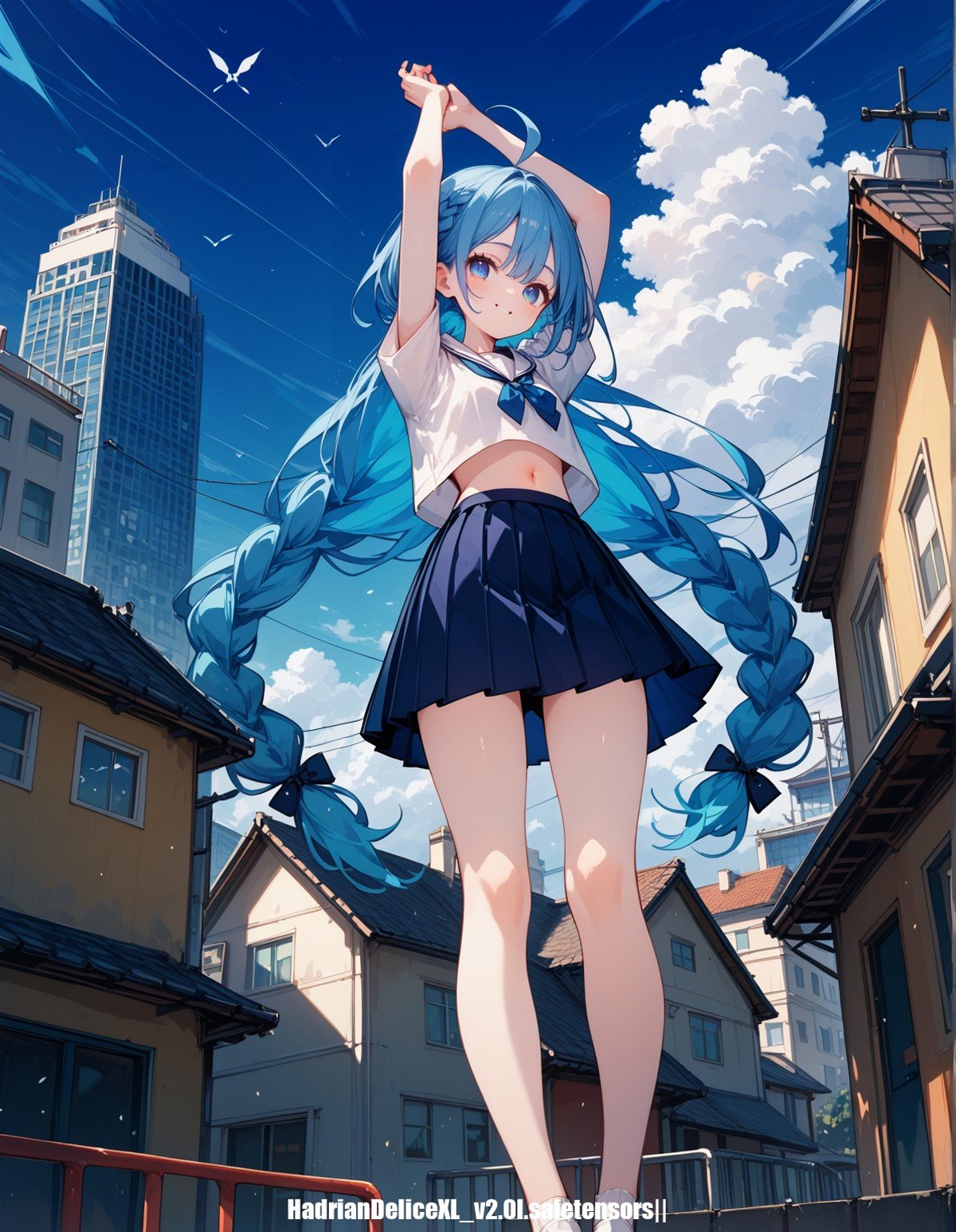 score_9,score_8_up,score_7_up,score_6_up, hadrian, highres,1 thin/ skinny/ very long hair/ (pale skin)/ body blush/  student teenage,ahoge,braid,blue hair,  roof,school,cityscape, horizon,cloudy sky, blue sky,small hair,from below,pleated skirt, light smile, arms up,navel