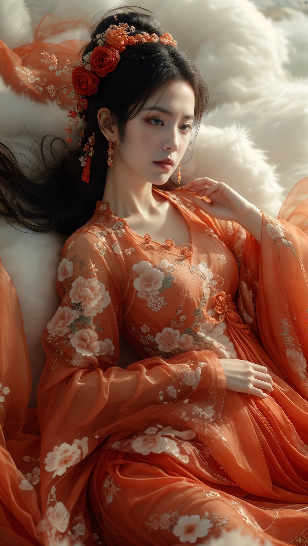 sdmai, wonv, 1girl, hair ornament, solo, chinese clothes, black hair, lying, flower, on back, dress, mountain, long hair, jewelry, earrings, hair flower <lora:SDMAI卧女wonv:0.6> 