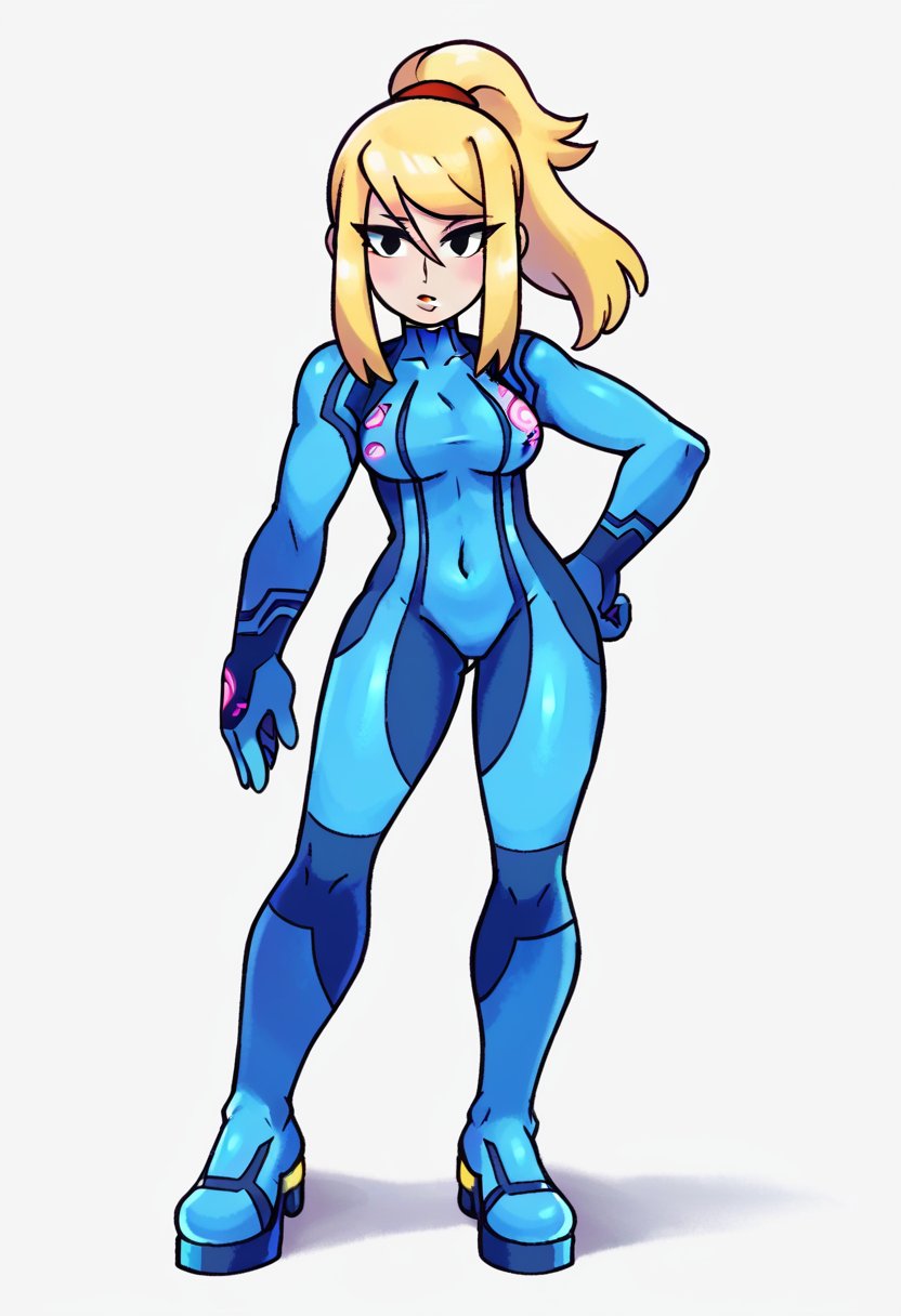 <lora:MarioLuigiStyle-PDXL-10:1> score_9, score_8_up, score_7_up, BREAK 1girl, samus aran, zero suit, black eyes, looking at viewer, full body, white background