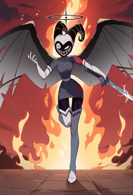 1girl, <lora:lute_hazbin_hotel_ponyxl_v1:0.9>, lute, holding sword, hands up, evil smile, open mouth, attack, imminent attack, fire, fiery background, red sky, dark clouds, foot up, blood on clothes, solo, full body, standing on one leg, looking at viewer, wings, horned mask, masked, elbow gloves, grey dress, white sash, black pantyhose, thigh boots, black halo, holding weapon, spider web print, cross-shaped eye,BREAKscore_9, score_8_up, score_7_up