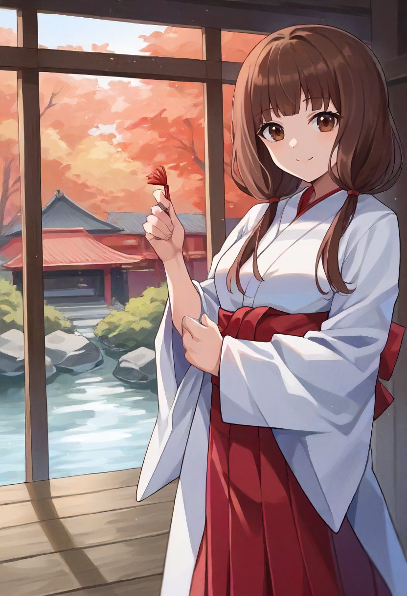 score_9, score_6_up, source_anime, 1girl, solo, japanese shrine, iino miko, brown eyes, brown hair, low twintails, white kimono, red sash, red hakama, light smile <lora:love_is_war_sdxl_pony:0.8>