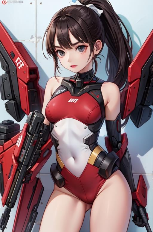 masterpiece,best quality,upper body,1girl,small breasts,mecha,red theme,dakimakura \(medium\),photomosaic,ponytail,grey eyes,determined,between thighs