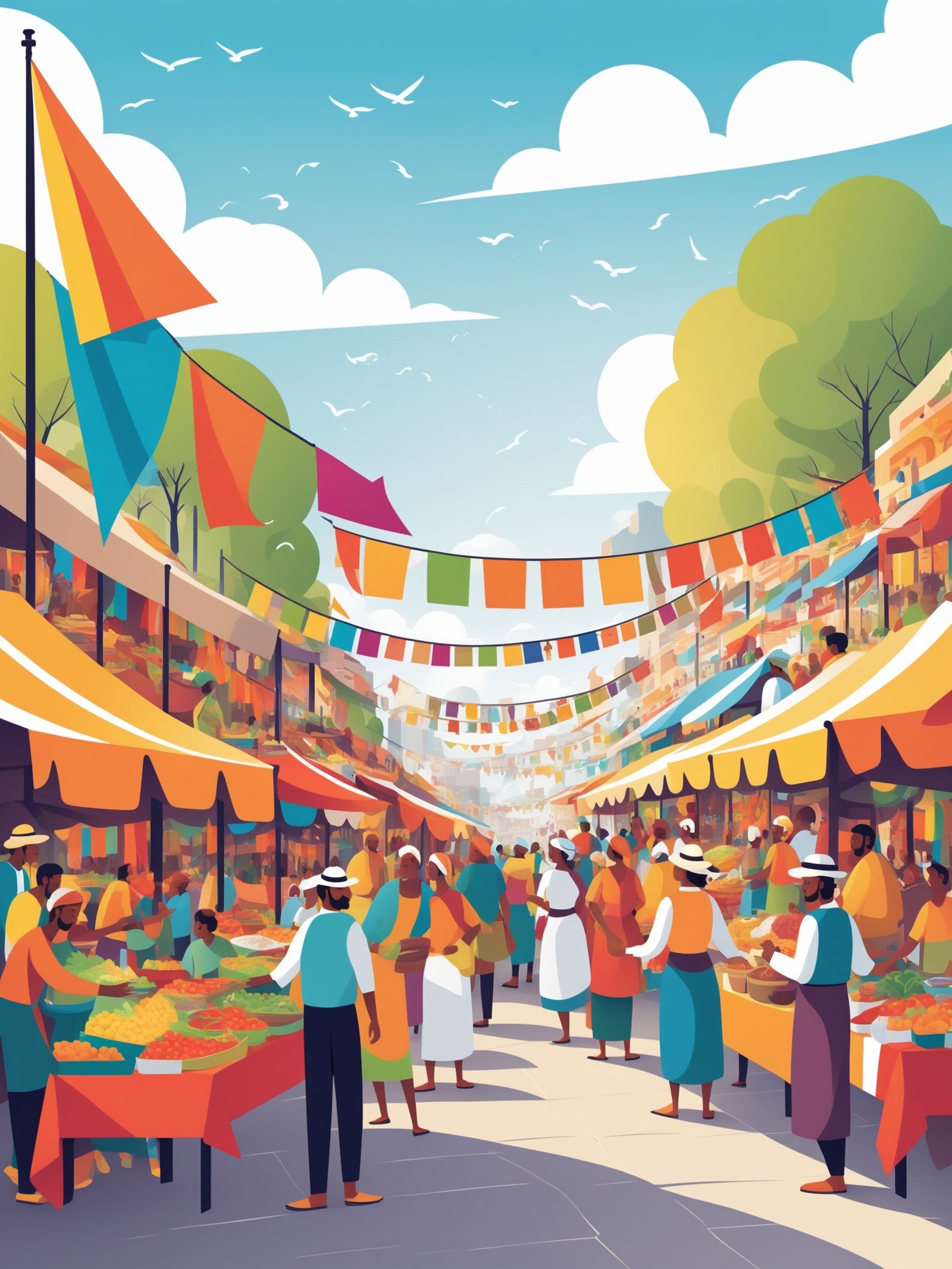 FRESHIDEAS landscape,A vector graphic of a bustling marketplace,colorful stalls with various goods,people interacting and bargaining. Banners and flags hanging above,a vibrant,lively atmosphere. Created Using: Adobe Illustrator,flat design,bold colors,detailed characters,dynamic scene,cultural diversity,intricate patterns,crisp lines,hd quality,natural look,