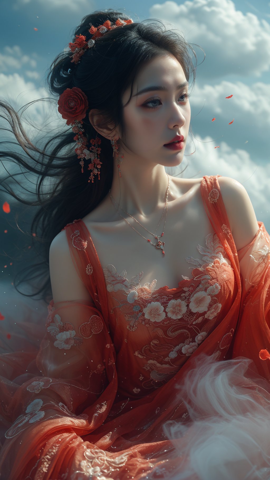 sdmai, wonv, 1girl, solo, jewelry, black hair, hair ornament, long hair, cloud, earrings, red lips, necklace, makeup, chinese clothes, hair bun, flower, sky, dress <lora:SDMAI卧女wonv:0.6> 