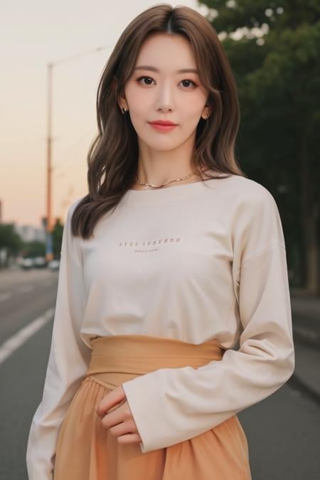 skr1 a woman, (realistic), (hyperrealism), (photorealistic), depth of field, adult, (upper body:1.2), (narrow waist), eye makeup, looking at the viewer, posing for a photo, longsleeves, golden hour, sunset, at the street, trees, <lora:httpsakura:1:lbw=FACES>