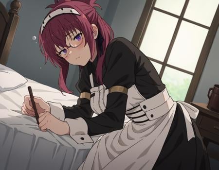 score_9, score_8_up, score_7_up, source_anime,lilyagreyrat, <lora:lilya-greyrat-s1-ponyxl-lora-nochekaiser:1>,lilya greyrat, purple eyes, red hair, glasses,long sleeves, dress, pantyhose, apron, maid, maid headdress, maid apron,indoors, bed, bed room, on side, blush, drunk,looking at viewer, dutch angle, cowboy shot,