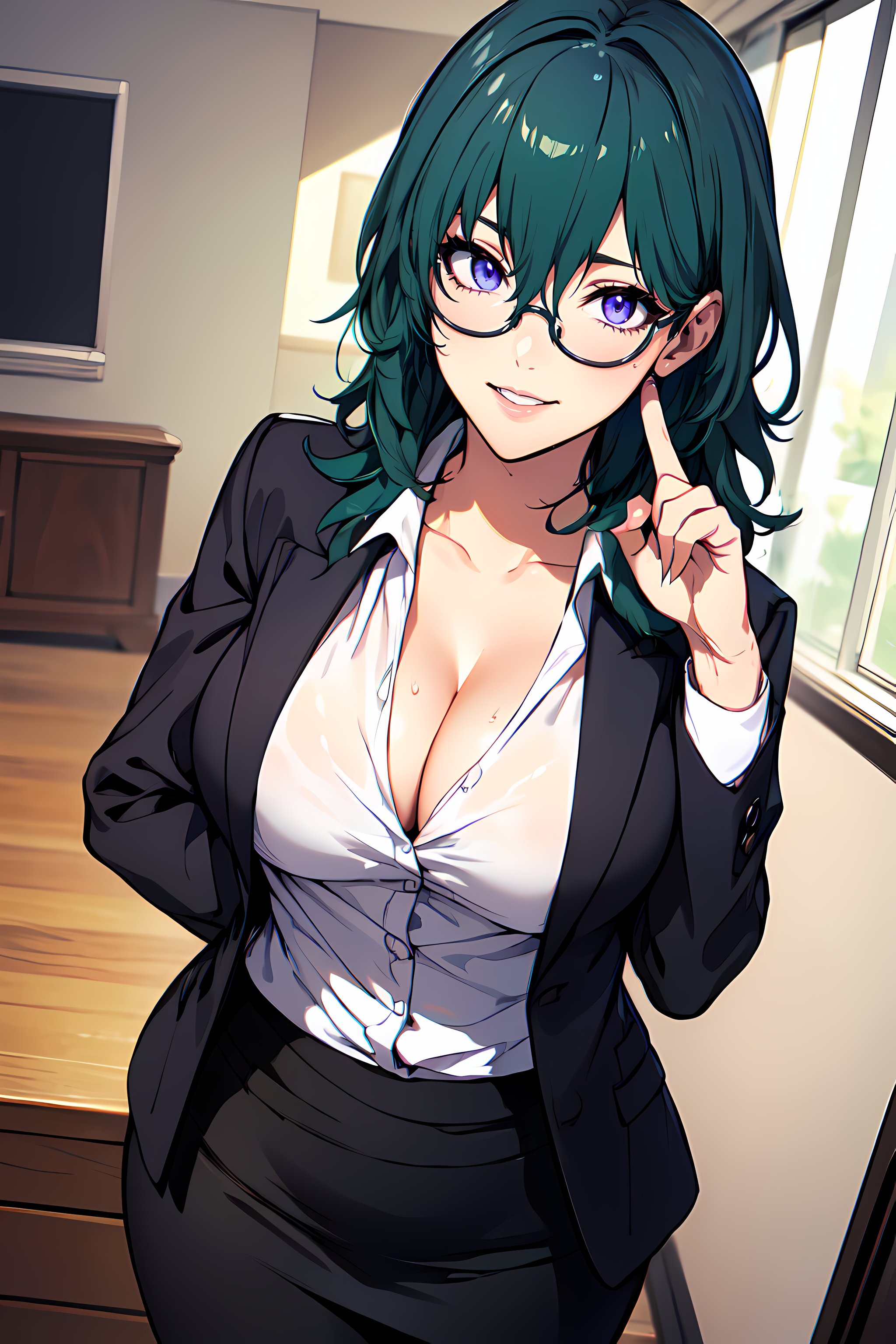 masterpiece,best quality, unreal engine, ultra res, extremely detailed,1girl, large breasts,  waist , (muscular:0.4) ,slender,<lora:Character_ort_byleth_fe3h_v0.8:0.7>byleth,deep green hair, amethyst eyesglasses,business uniform, jacket, white shirt, cleavagepencil skirt,  teachingwatching at viewer, smile, parted lips, sexy pose,<lora:Style_hews_style:0.4>hews style <lora:Style_cutesexyrobutts_v2:0.>CSR STYLE<lora:Style_puuzaki-puuna-lora-v1:0.><lora:Style_anmnr01AOM3A1:0.2><lora:Concept_Round_Breasts_V7:0.2>ROUND BREASTS, medium  BREASTS